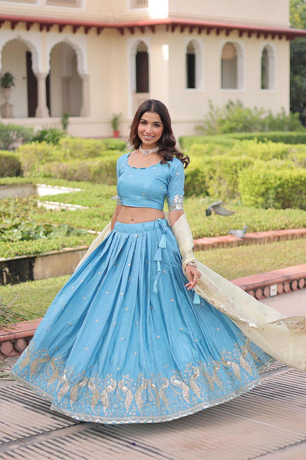 Nirika Sky Blue Color Gold Crush Sequins Zari Embroidered Work Lehenga Choli