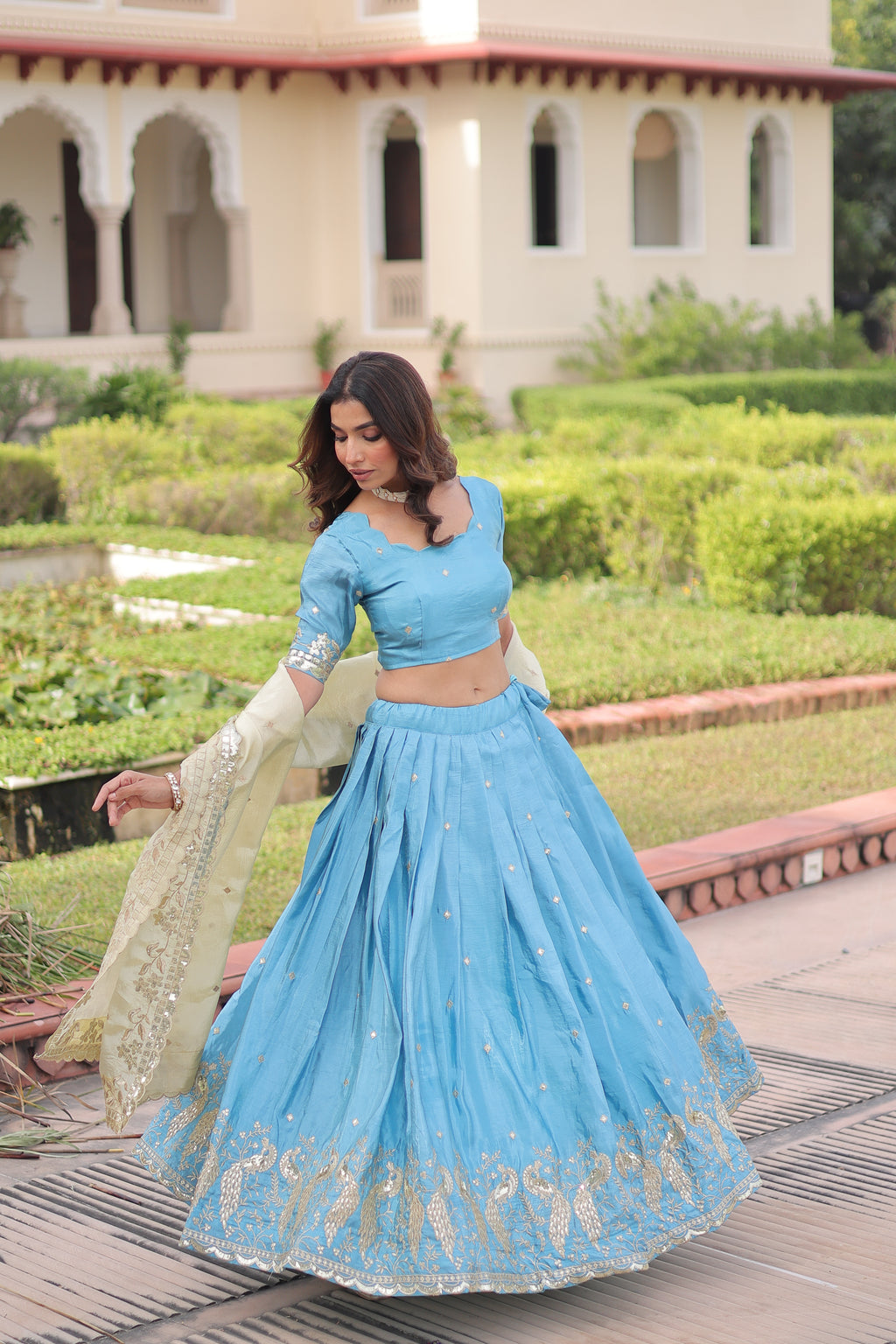 Nirika Sky Blue Color Gold Crush Sequins Zari Embroidered Work Lehenga Choli