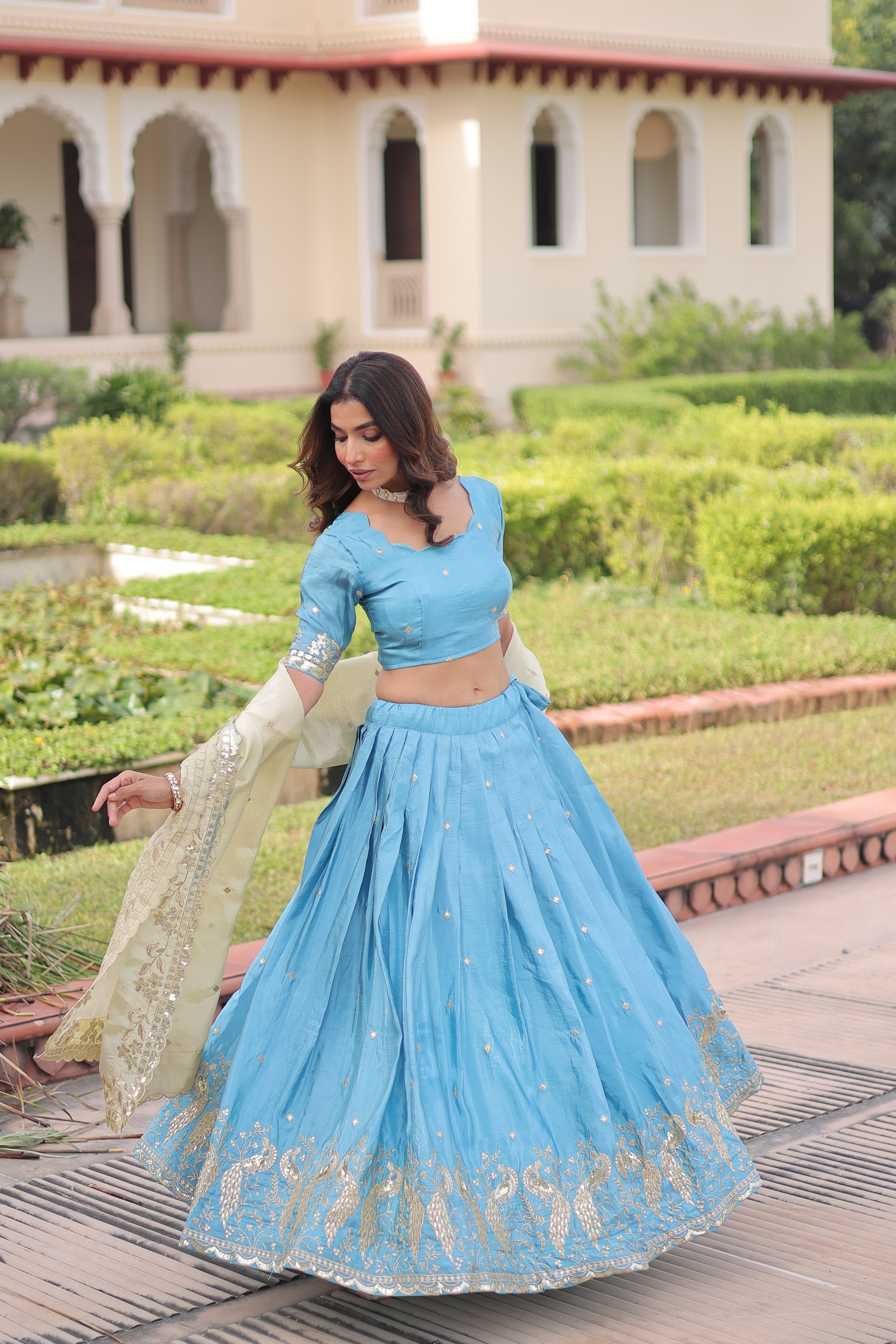 Nirika Sky Blue Color Gold Crush Sequins Zari Embroidered Work Lehenga Choli