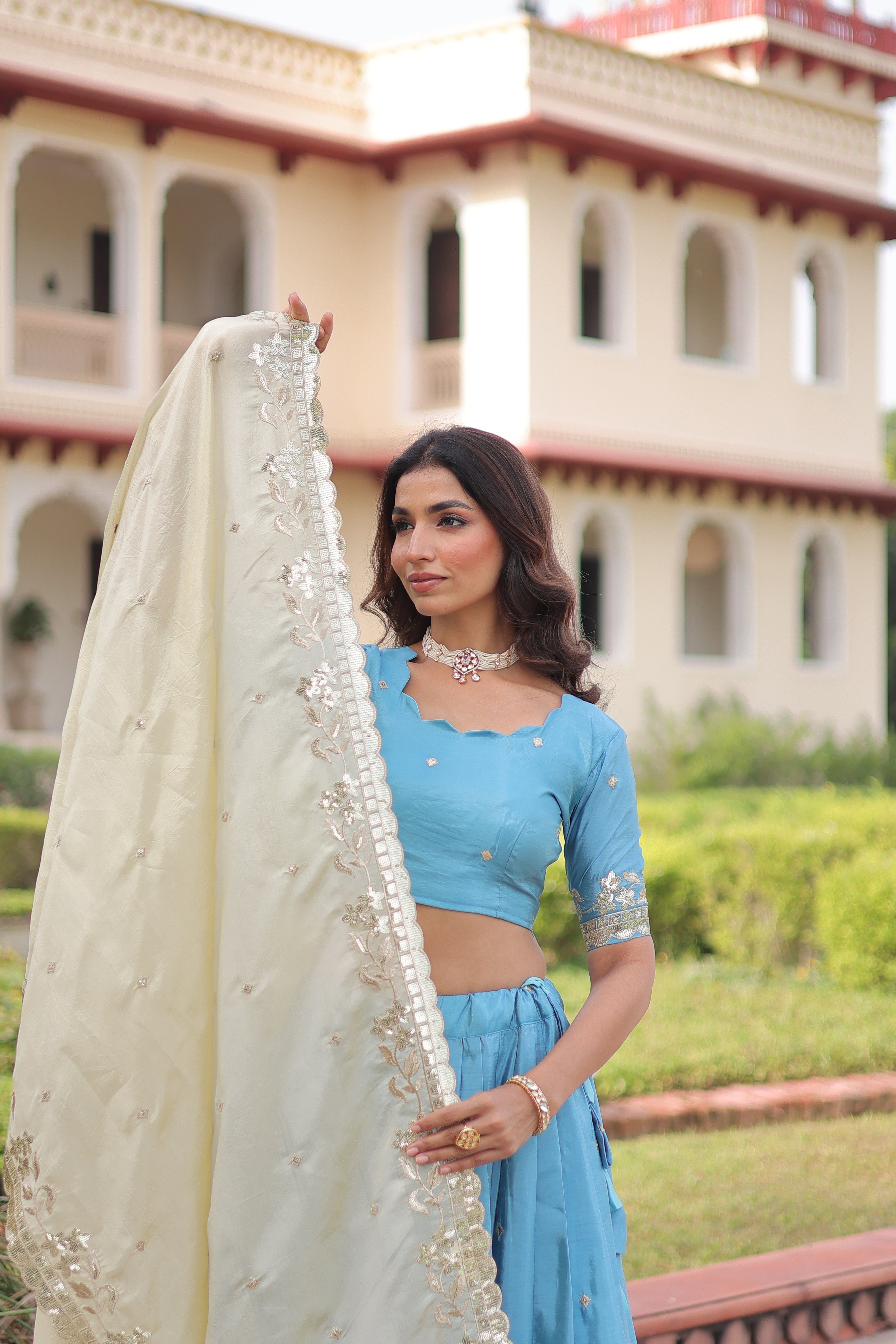 Nirika Sky Blue Color Gold Crush Sequins Zari Embroidered Work Lehenga Choli