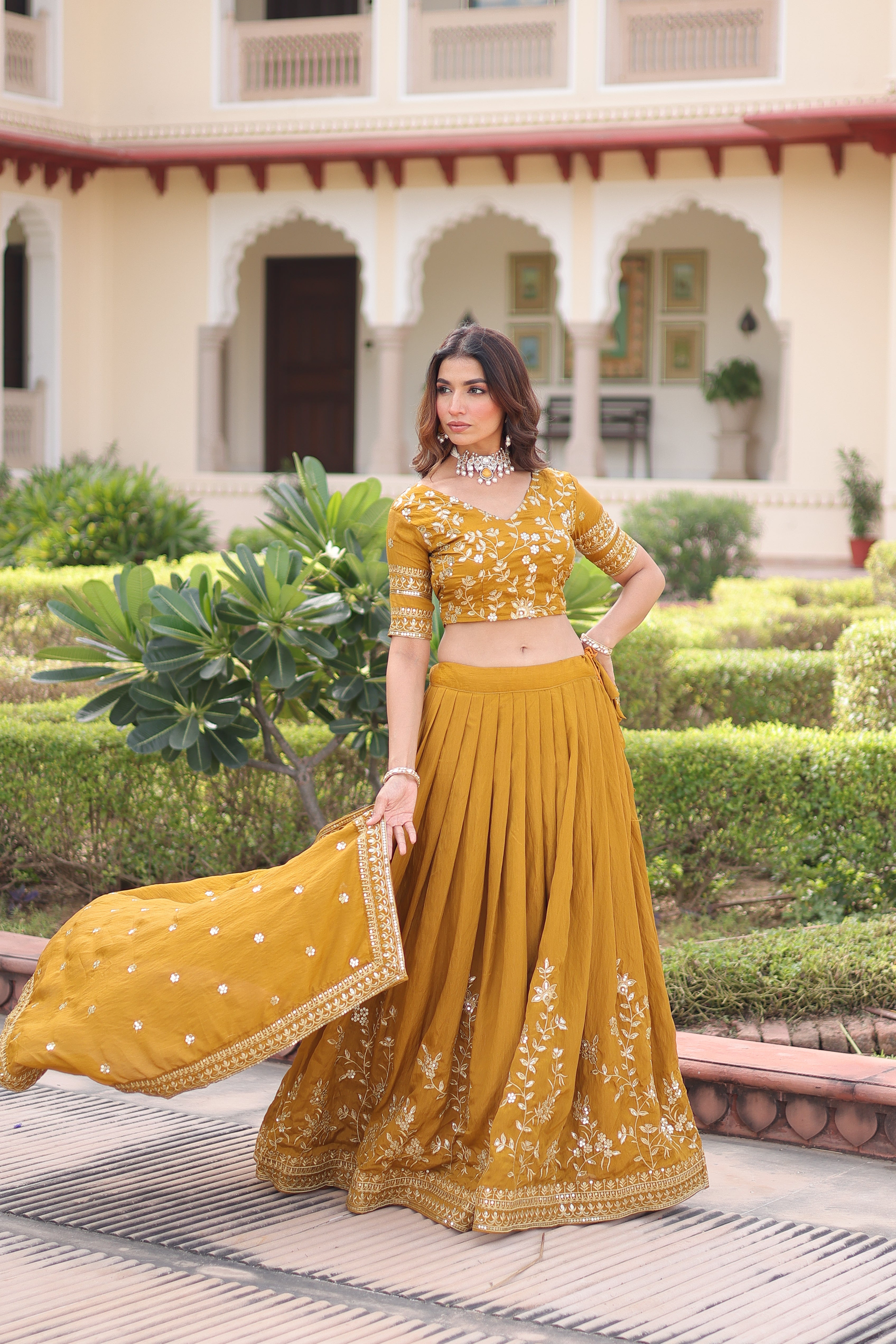 Ruvika Mustard Yellow Vichitra Silk Sequins Zari Embroidered Work Lehenga Choli