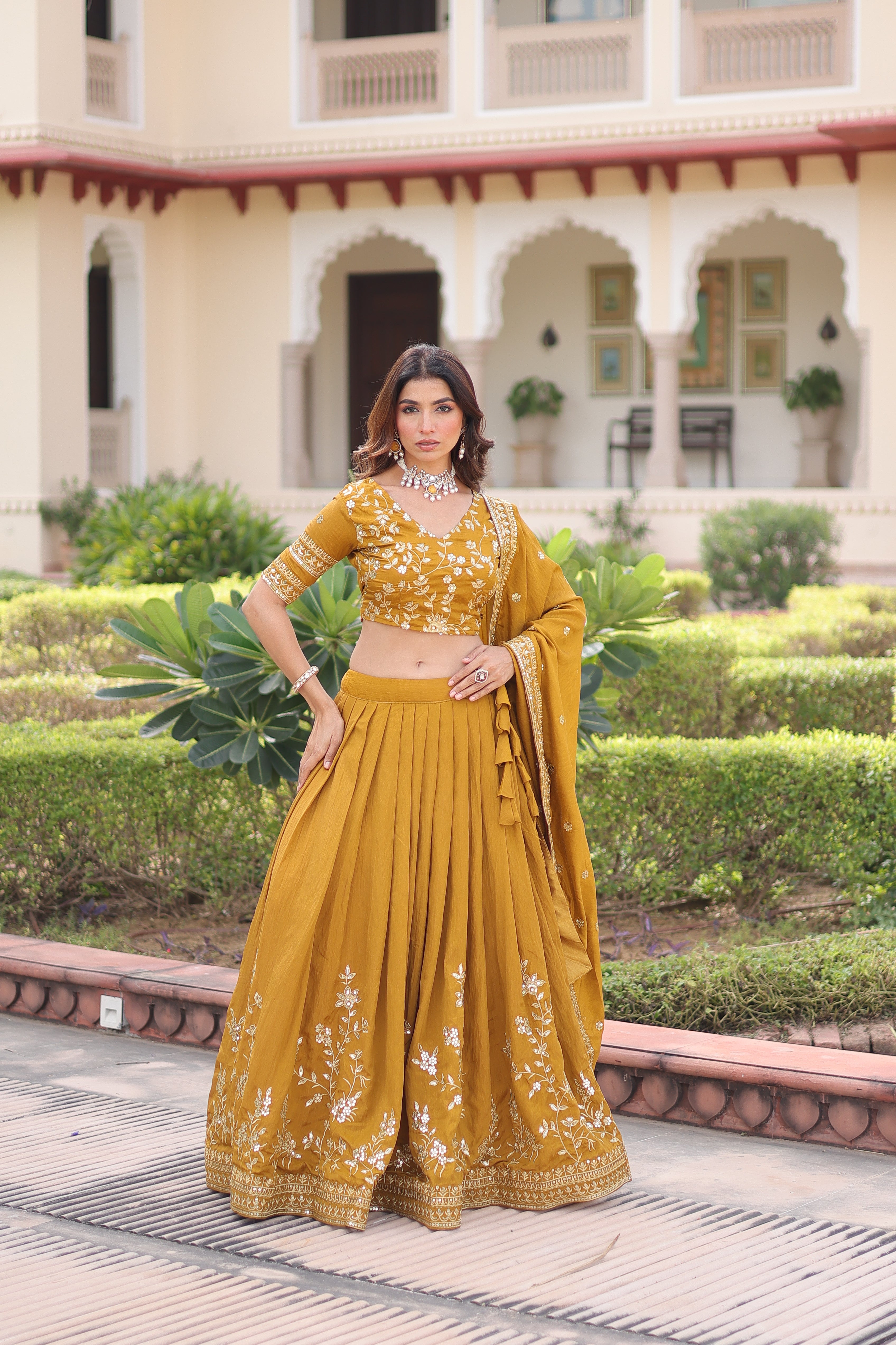 Ruvika Mustard Yellow Vichitra Silk Sequins Zari Embroidered Work Lehenga Choli