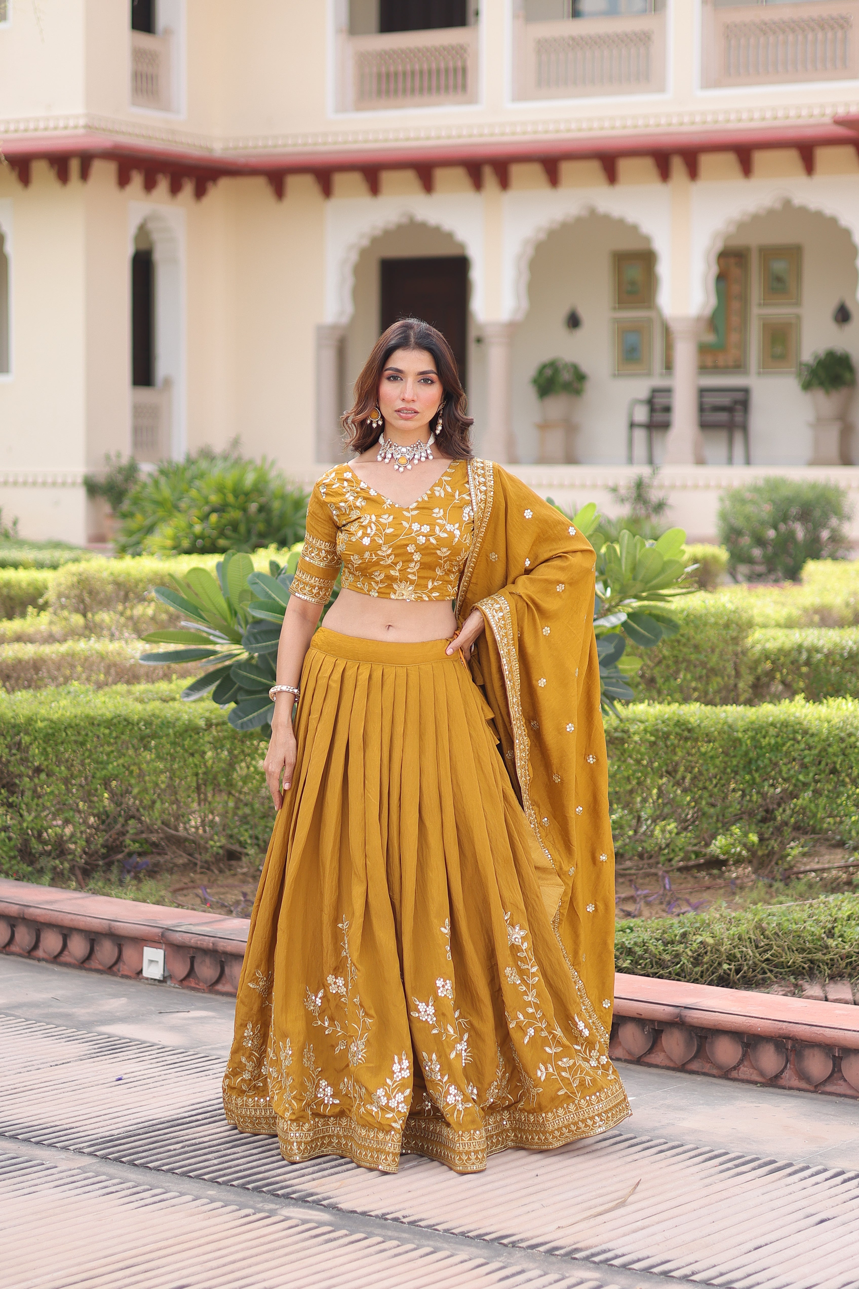Ruvika Mustard Yellow Vichitra Silk Sequins Zari Embroidered Work Lehenga Choli