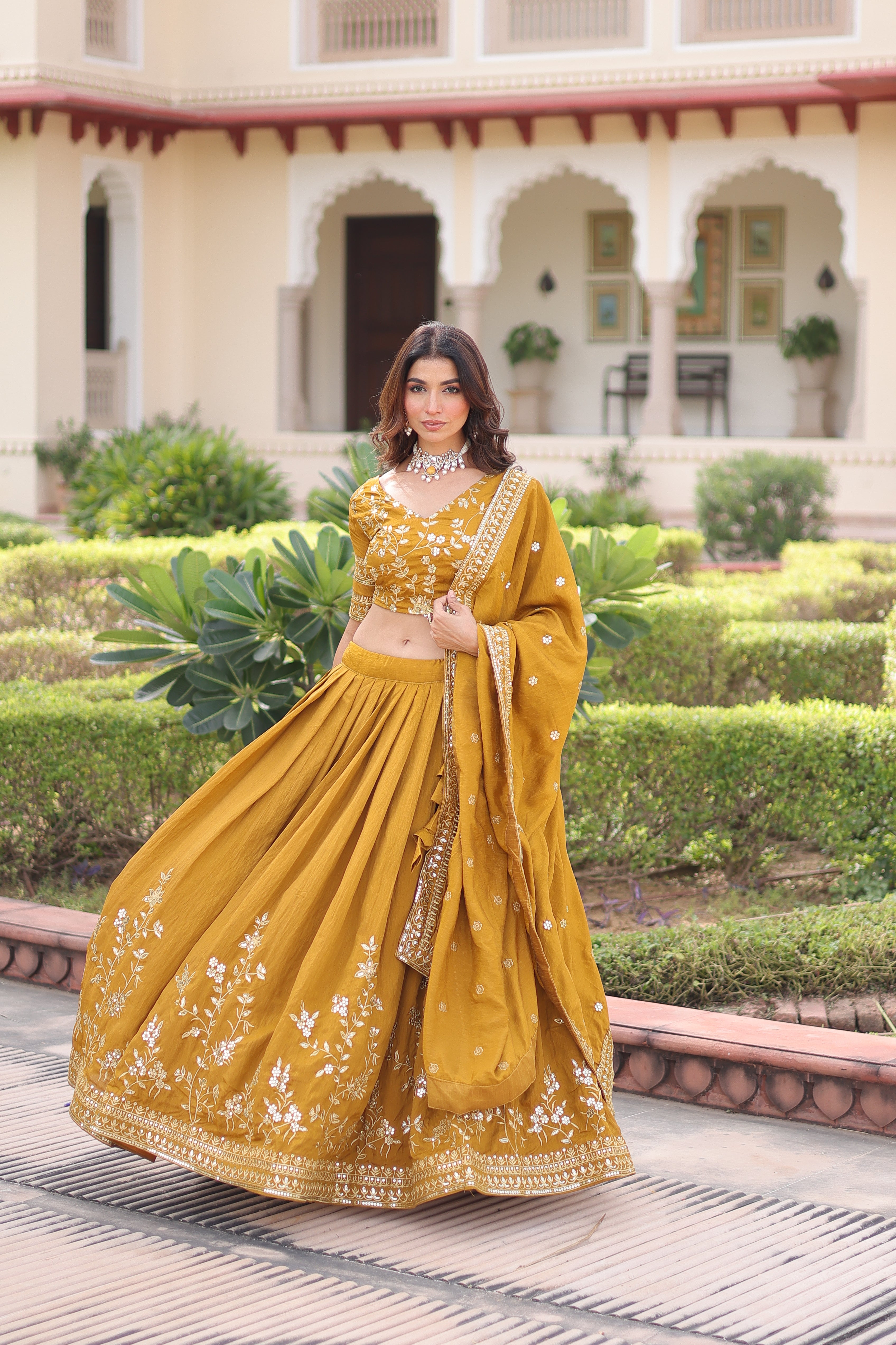 Ruvika Mustard Yellow Vichitra Silk Sequins Zari Embroidered Work Lehenga Choli