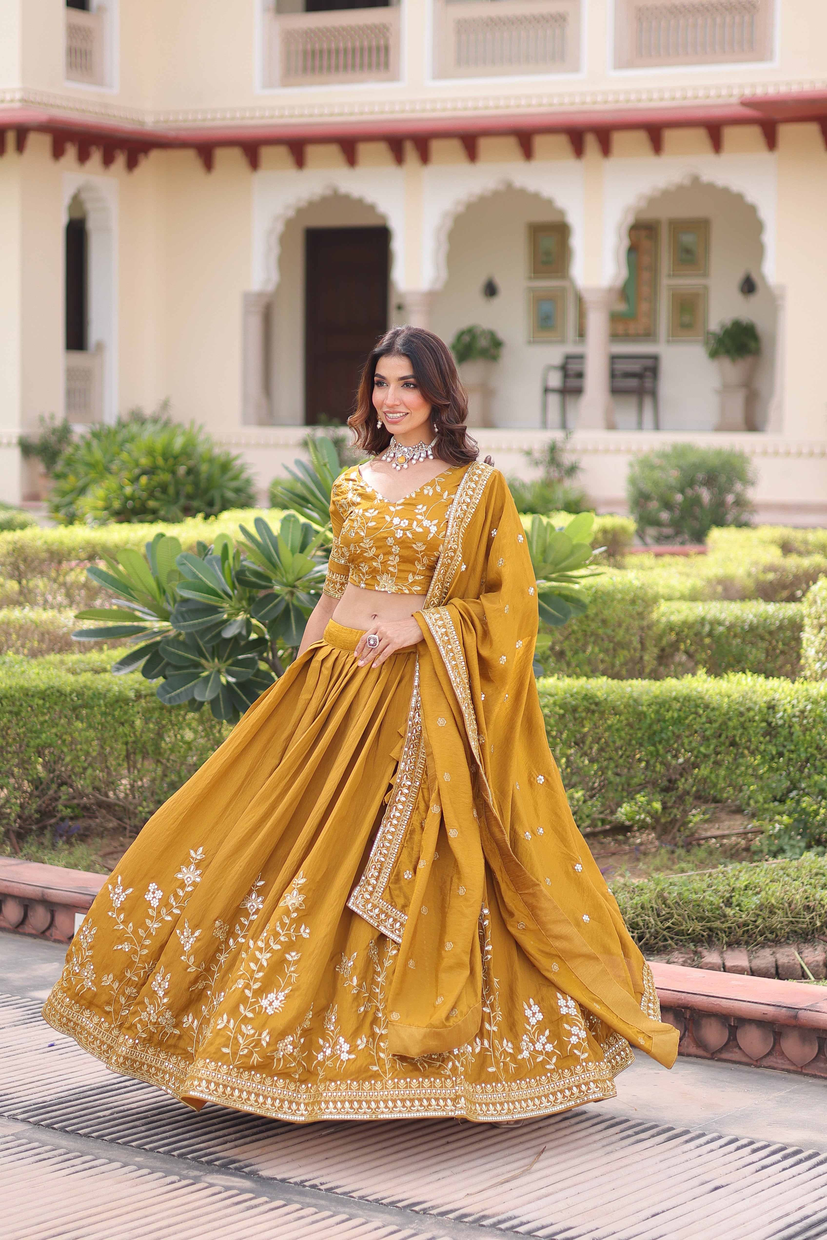 Ruvika Mustard Yellow Vichitra Silk Sequins Zari Embroidered Work Lehenga Choli