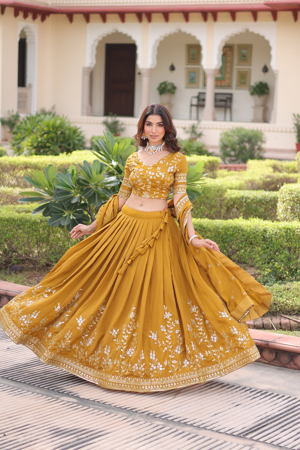 Ruvika Mustard Yellow Vichitra Silk Sequins Zari Embroidered Work Lehenga Choli