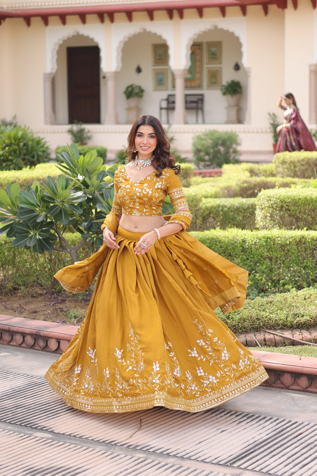 Ruvika Mustard Yellow Vichitra Silk Sequins Zari Embroidered Work Lehenga Choli