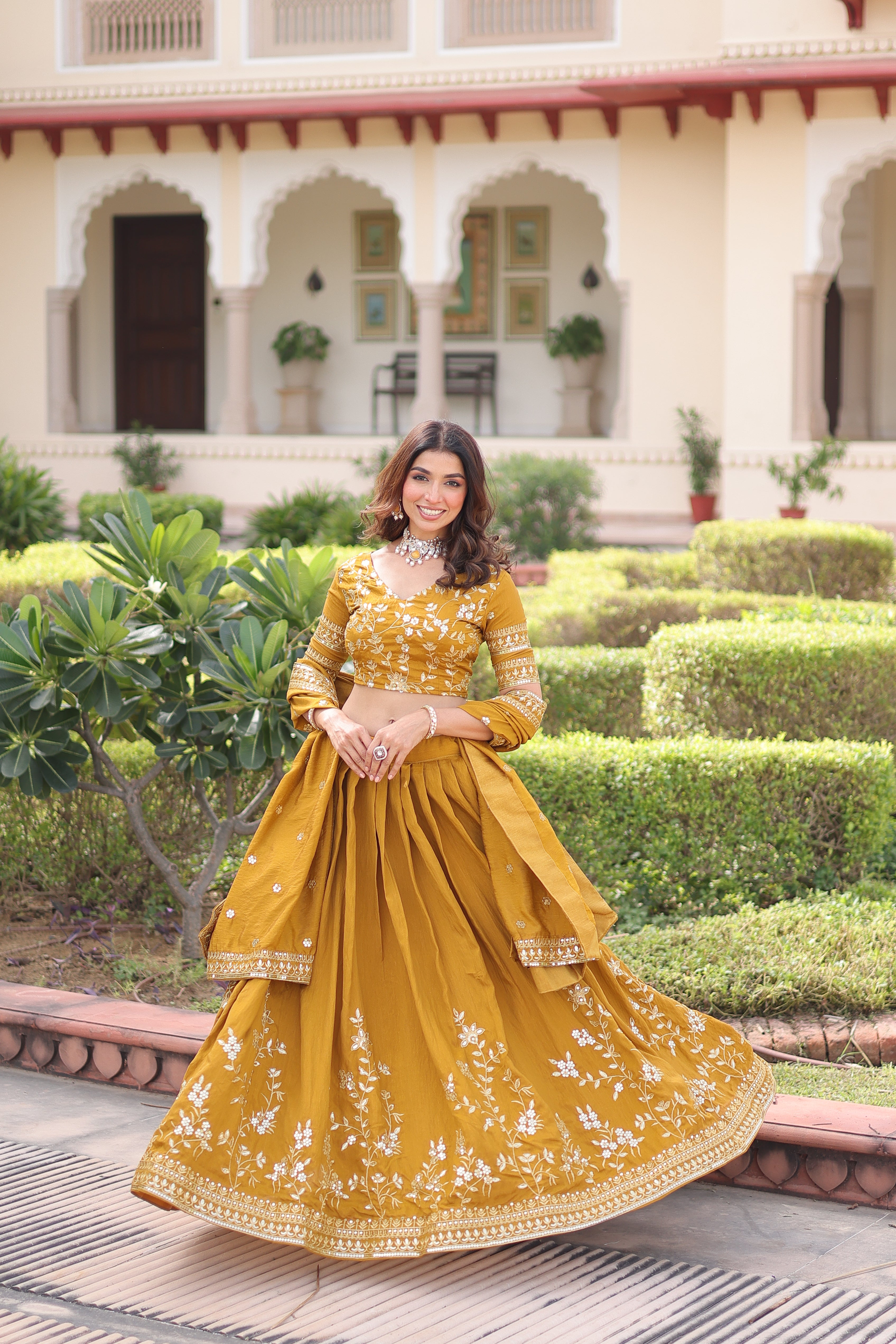 Ruvika Mustard Yellow Vichitra Silk Sequins Zari Embroidered Work Lehenga Choli