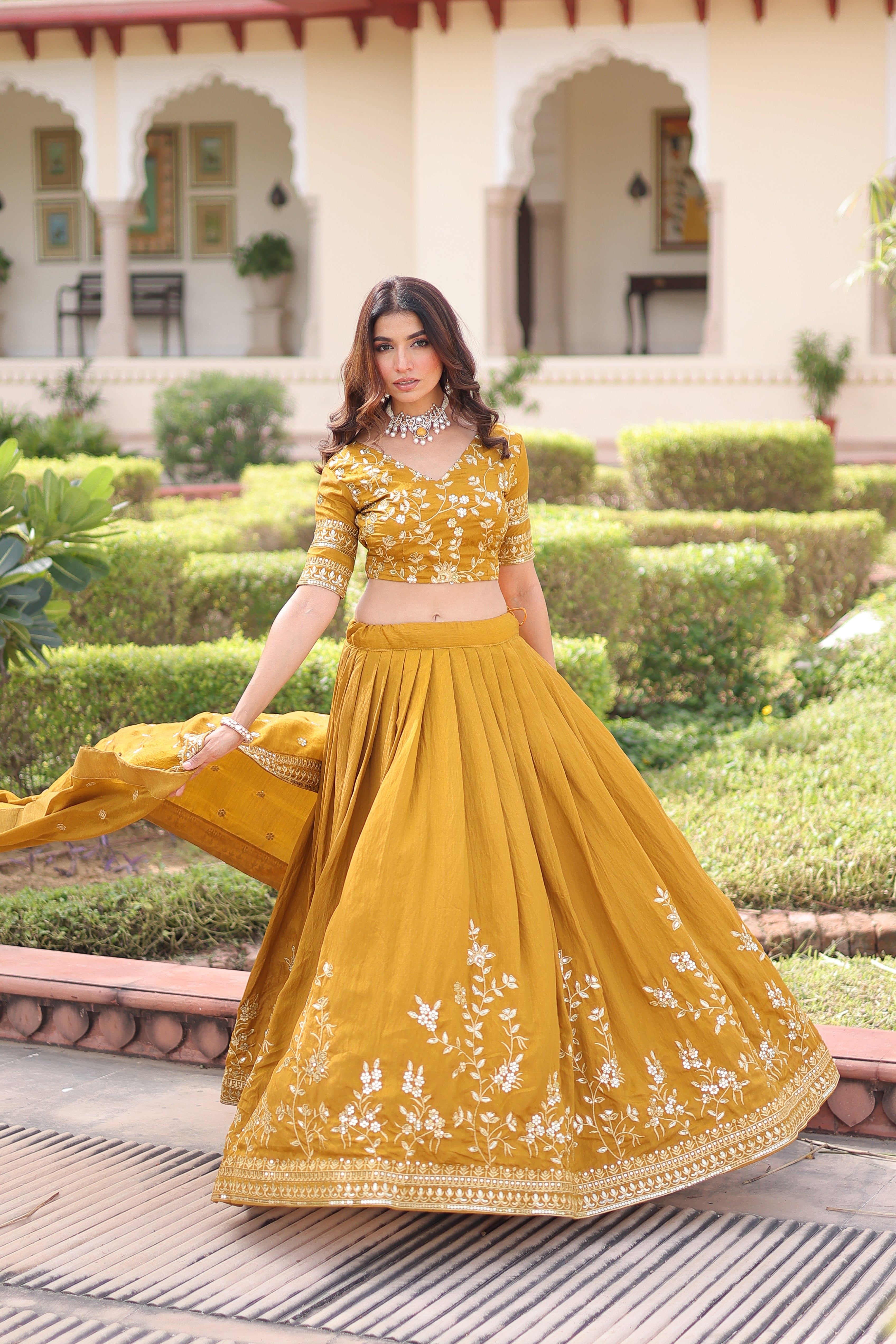 Ruvika Mustard Yellow Vichitra Silk Sequins Zari Embroidered Work Lehenga Choli