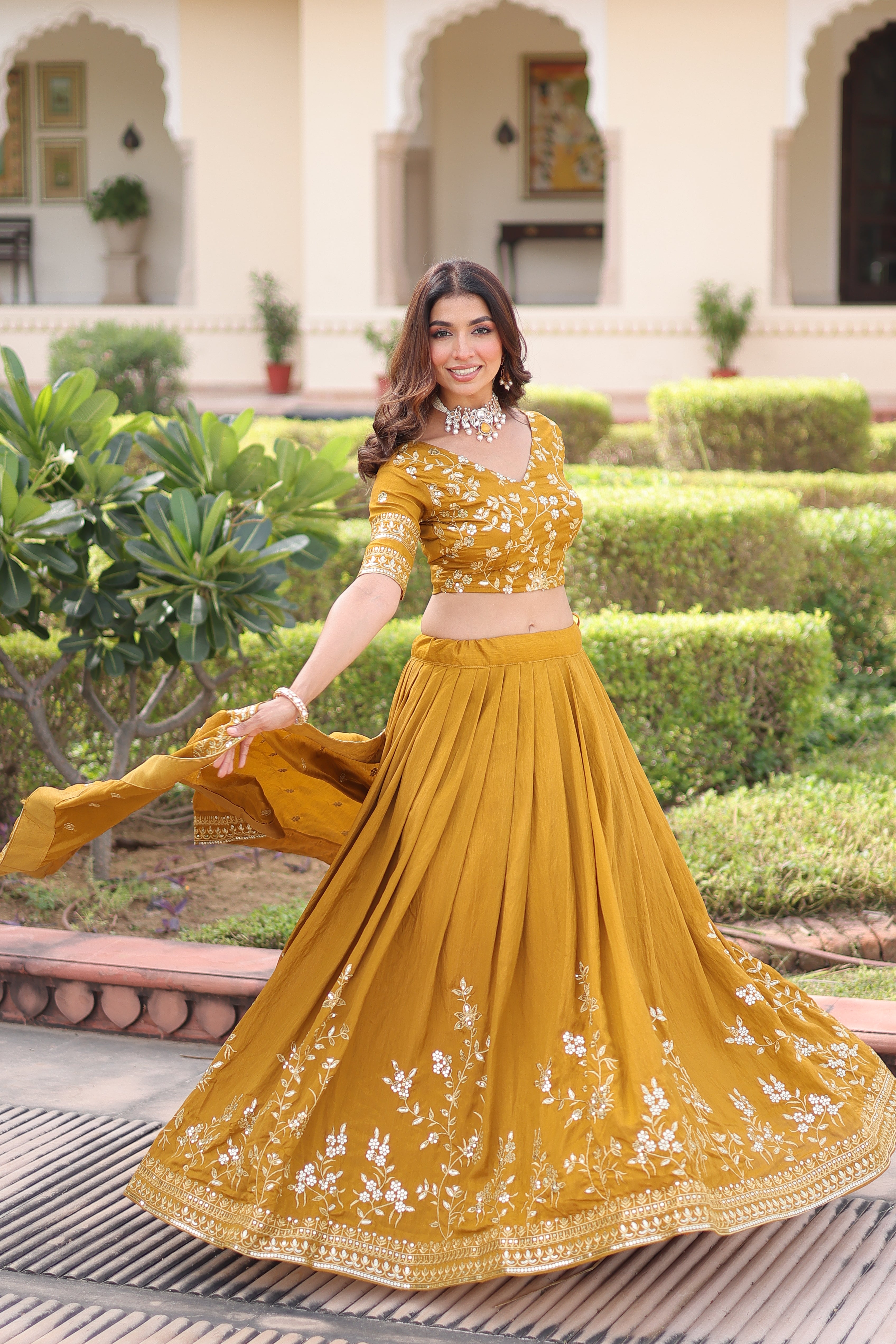 Ruvika Mustard Yellow Vichitra Silk Sequins Zari Embroidered Work Lehenga Choli