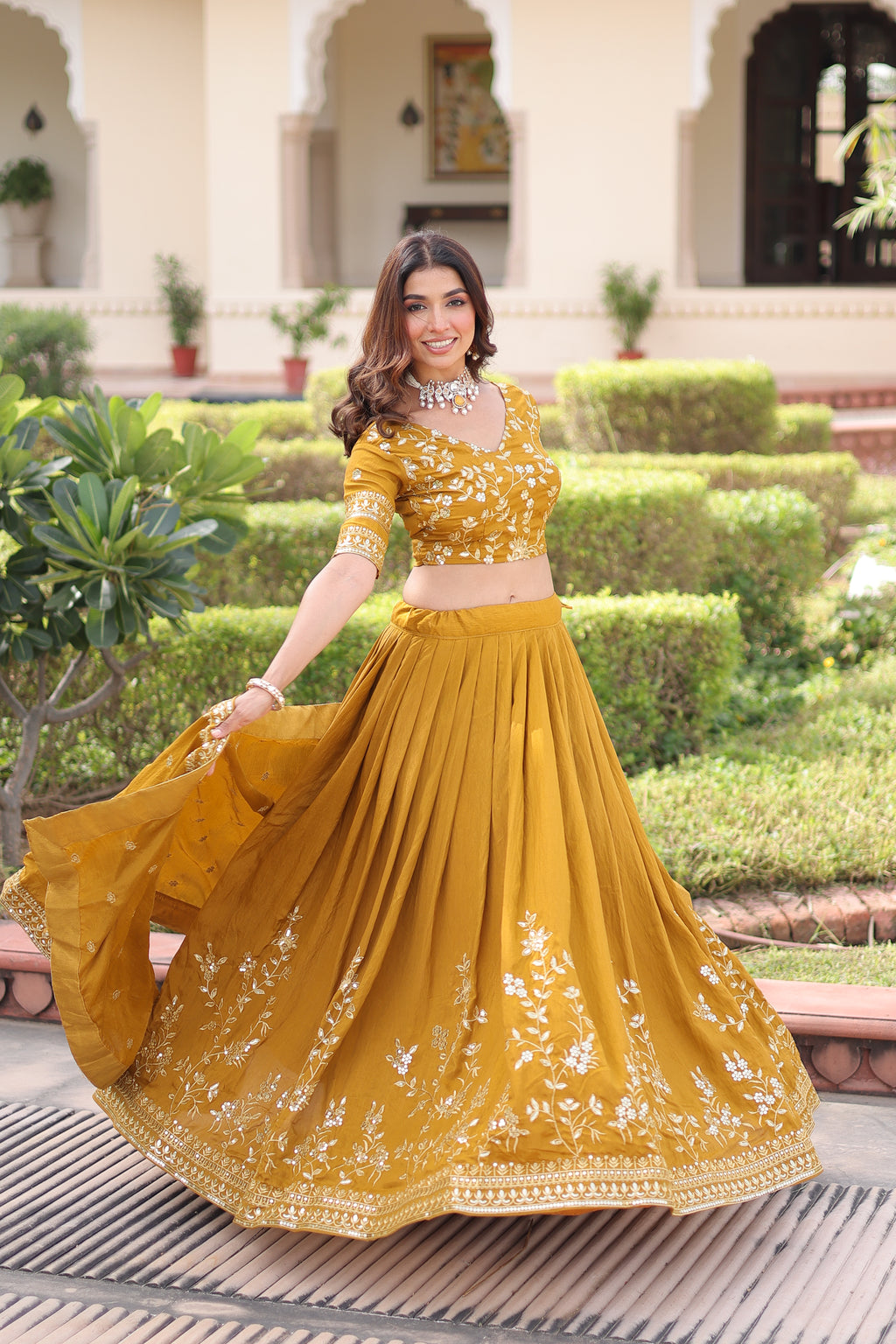 Ruvika Mustard Yellow Vichitra Silk Sequins Zari Embroidered Work Lehenga Choli