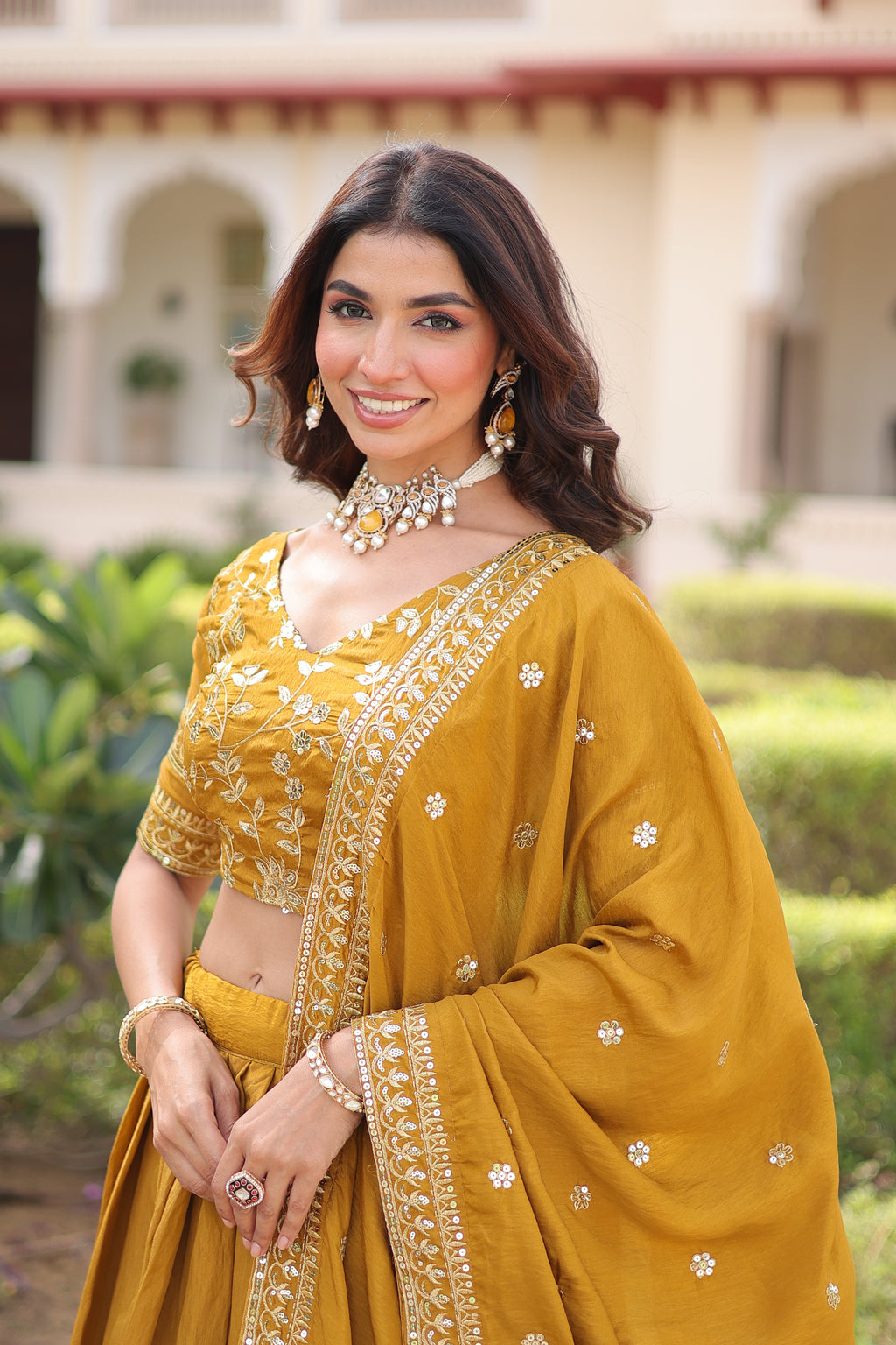 Ruvika Mustard Yellow Vichitra Silk Sequins Zari Embroidered Work Lehenga Choli