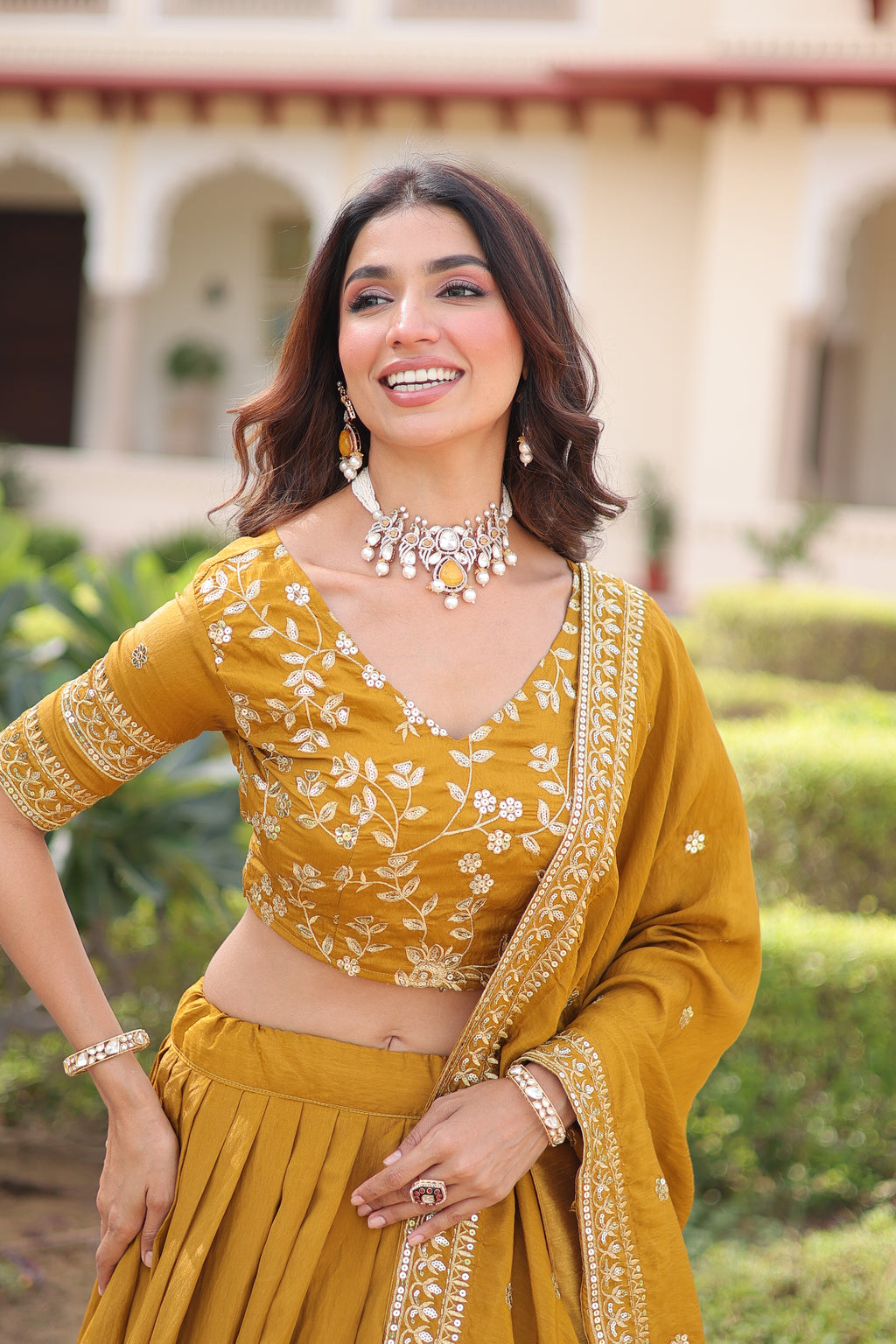 Ruvika Mustard Yellow Vichitra Silk Sequins Zari Embroidered Work Lehenga Choli