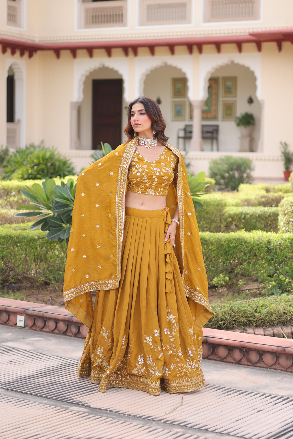 Ruvika Mustard Yellow Vichitra Silk Sequins Zari Embroidered Work Lehenga Choli
