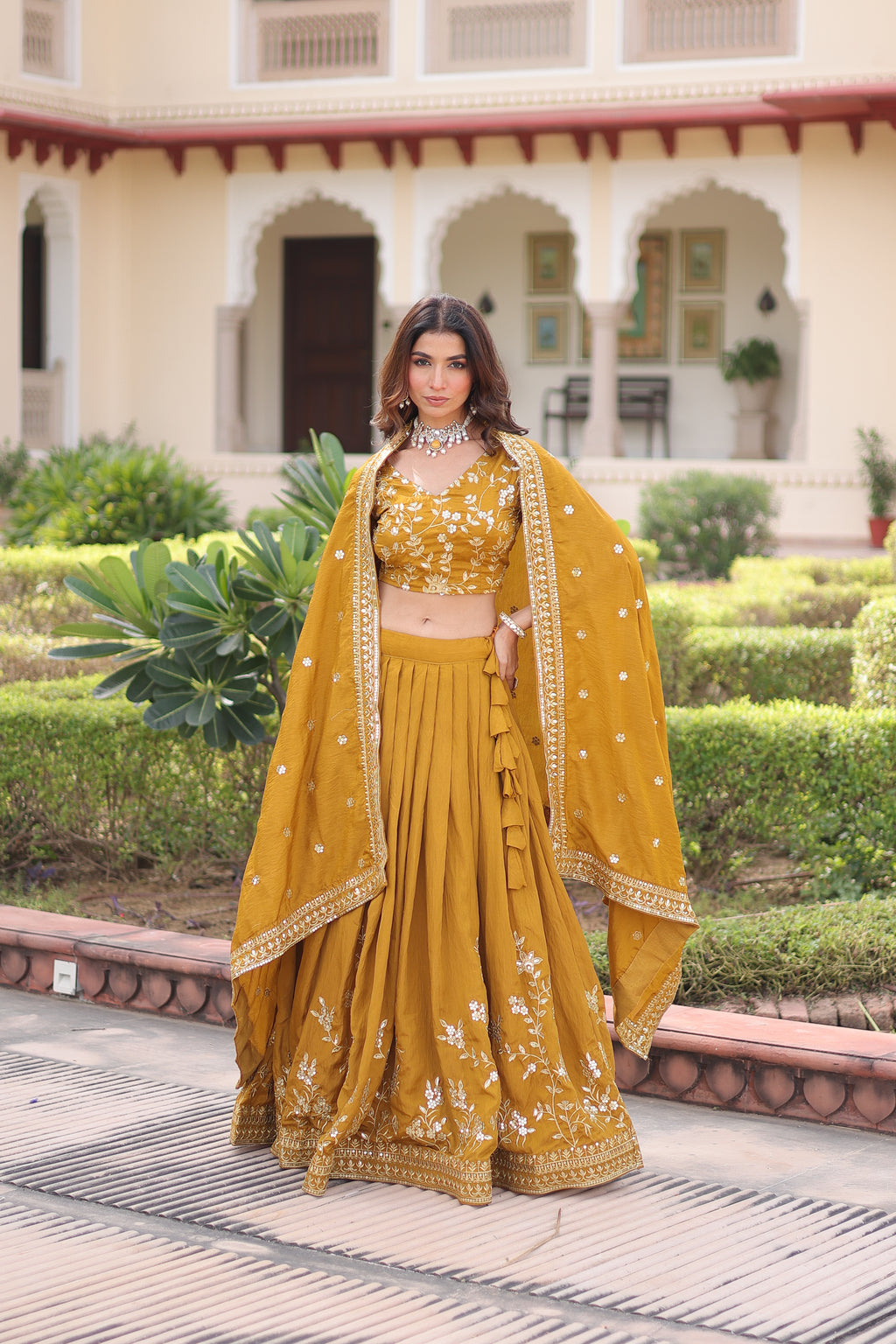 Ruvika Mustard Yellow Vichitra Silk Sequins Zari Embroidered Work Lehenga Choli