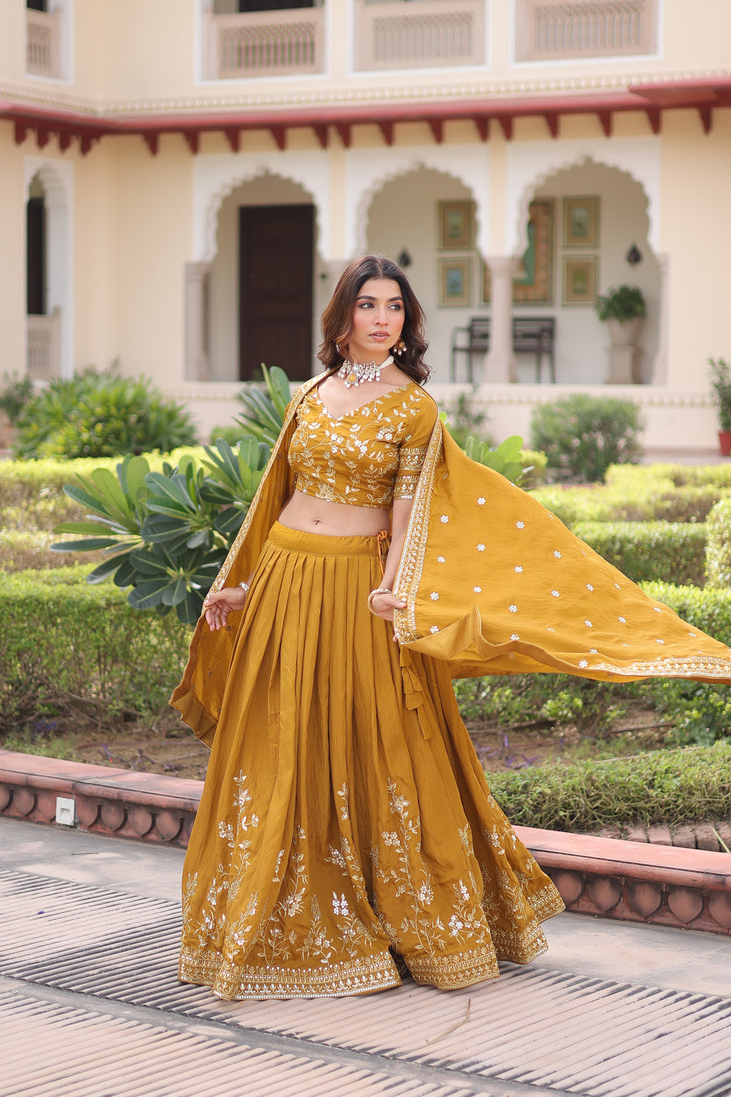 Ruvika Mustard Yellow Vichitra Silk Sequins Zari Embroidered Work Lehenga Choli