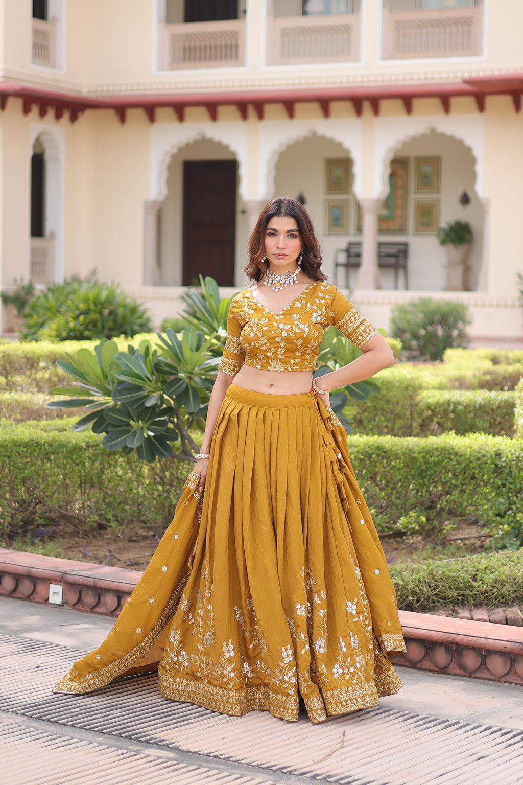 Ruvika Mustard Yellow Vichitra Silk Sequins Zari Embroidered Work Lehenga Choli