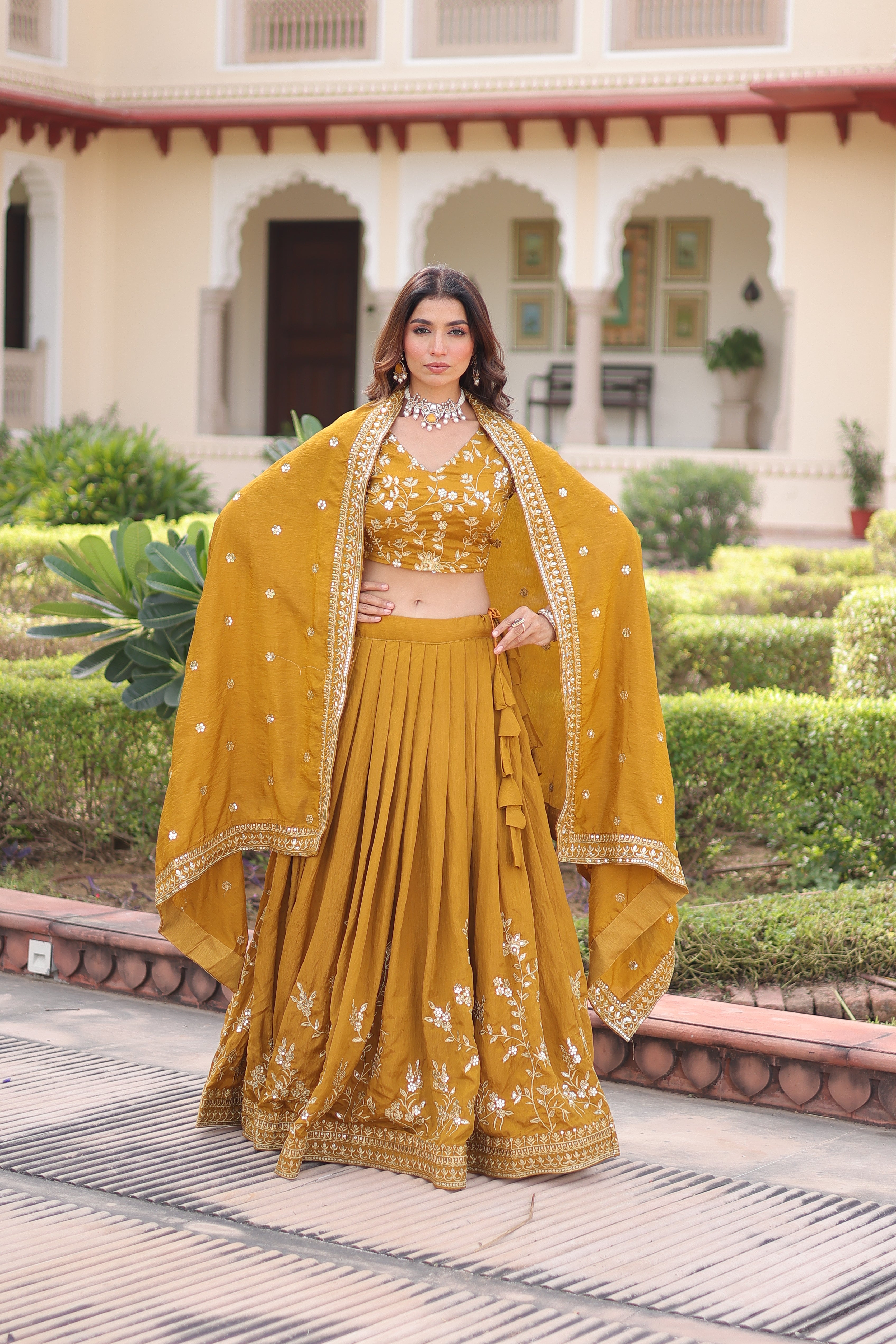 Ruvika Mustard Yellow Vichitra Silk Sequins Zari Embroidered Work Lehenga Choli