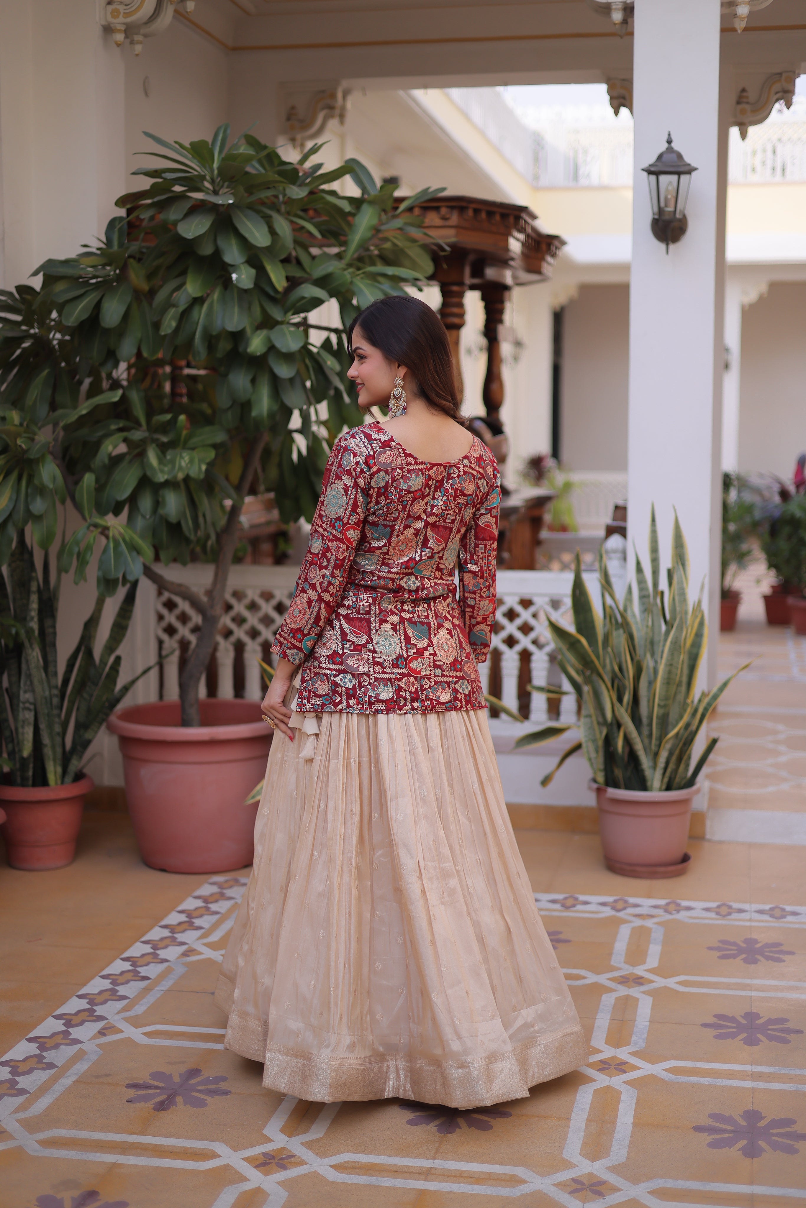 Nevara Maroon Color Cosmos Weaving
Jacquard Work Lehenga Choli
