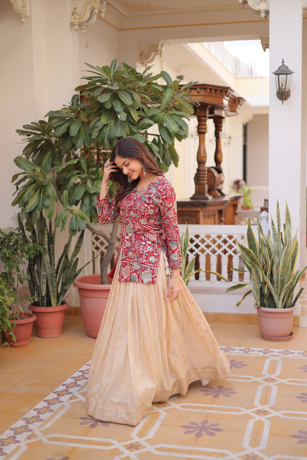 Nevara Maroon Color Cosmos Weaving
Jacquard Work Lehenga Choli