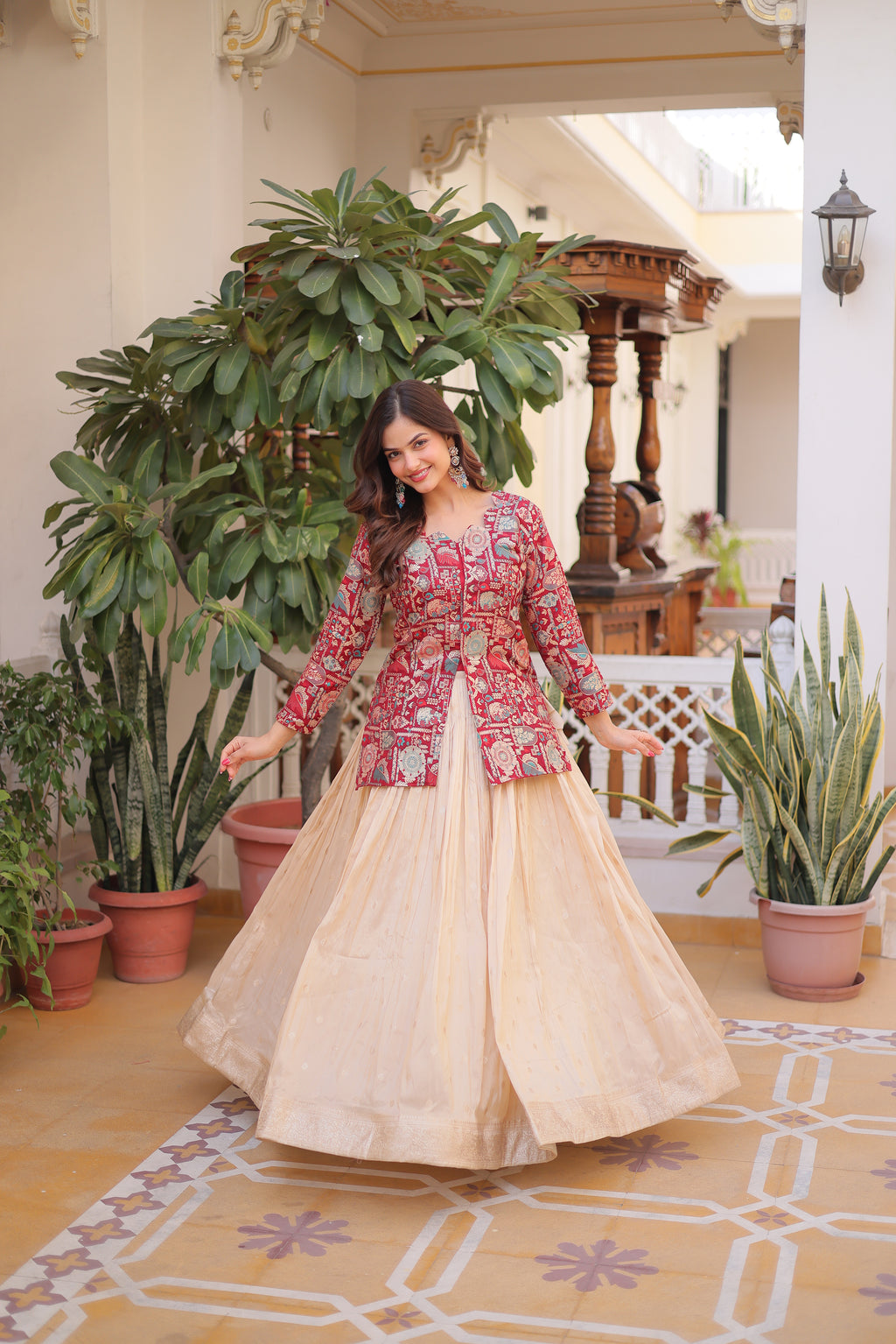 Nevara Maroon Color Cosmos Weaving
Jacquard Work Lehenga Choli