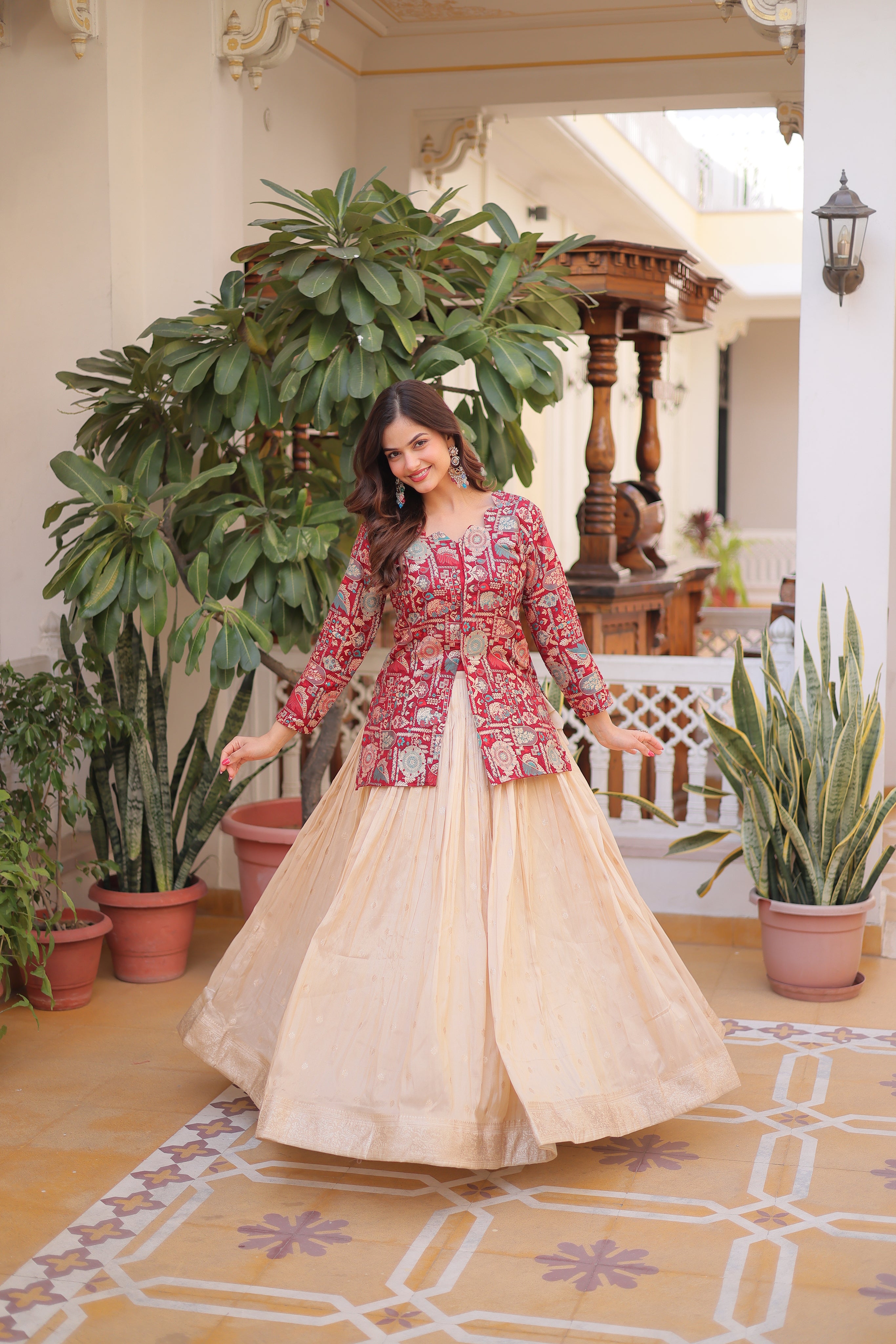 Nevara Maroon Color Cosmos Weaving
Jacquard Work Lehenga Choli