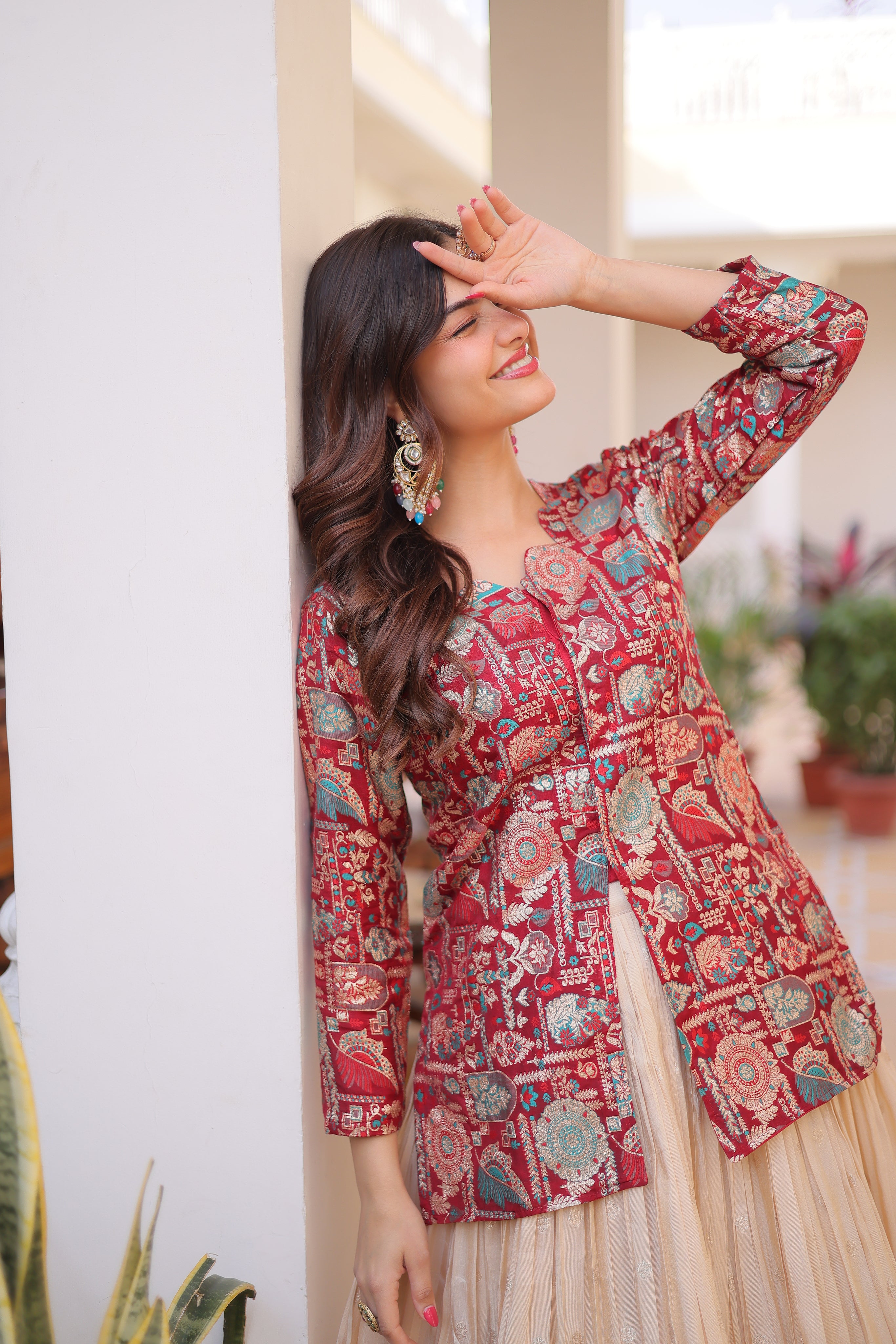 Nevara Maroon Color Cosmos Weaving
Jacquard Work Lehenga Choli