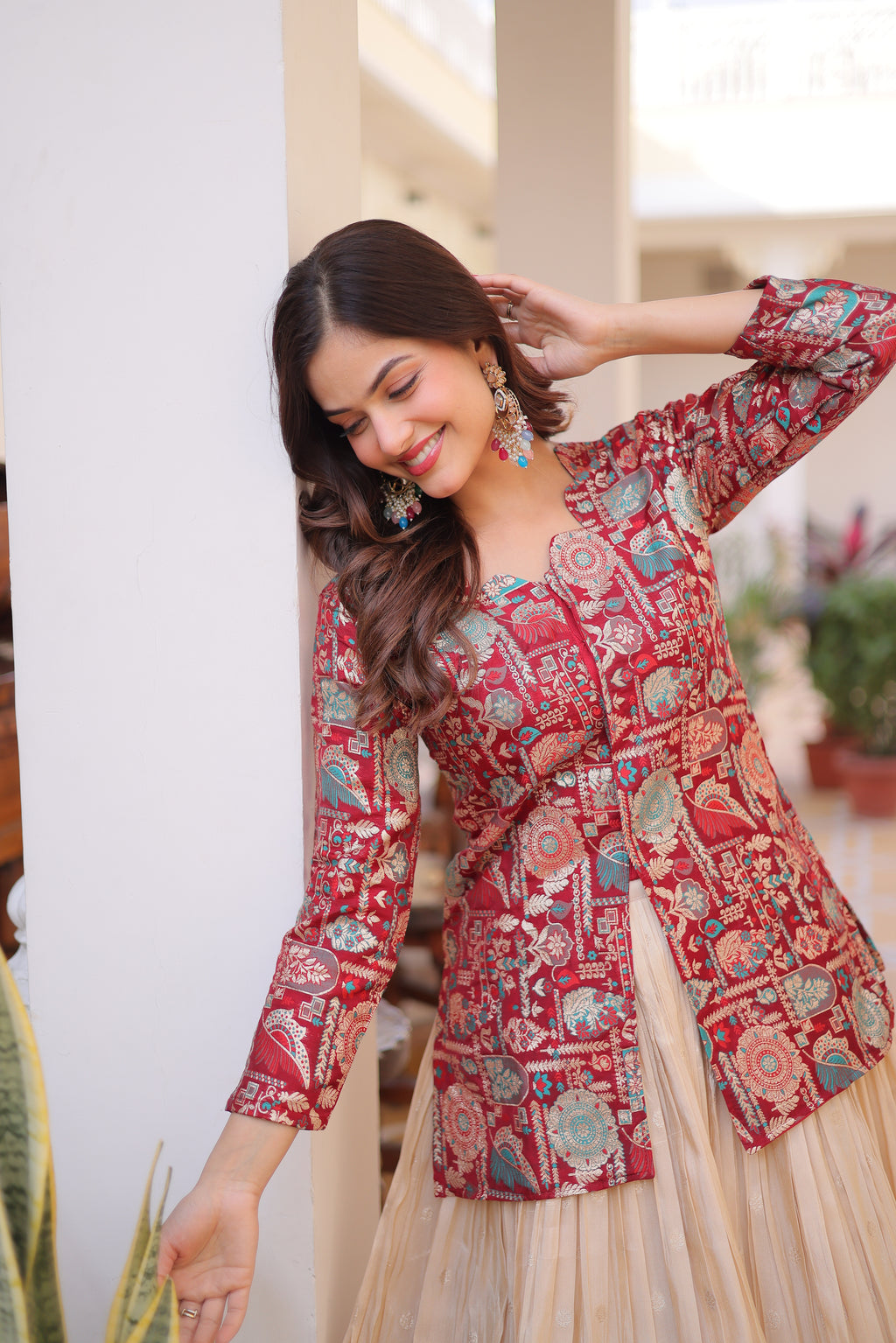 Nevara Maroon Color Cosmos Weaving
Jacquard Work Lehenga Choli