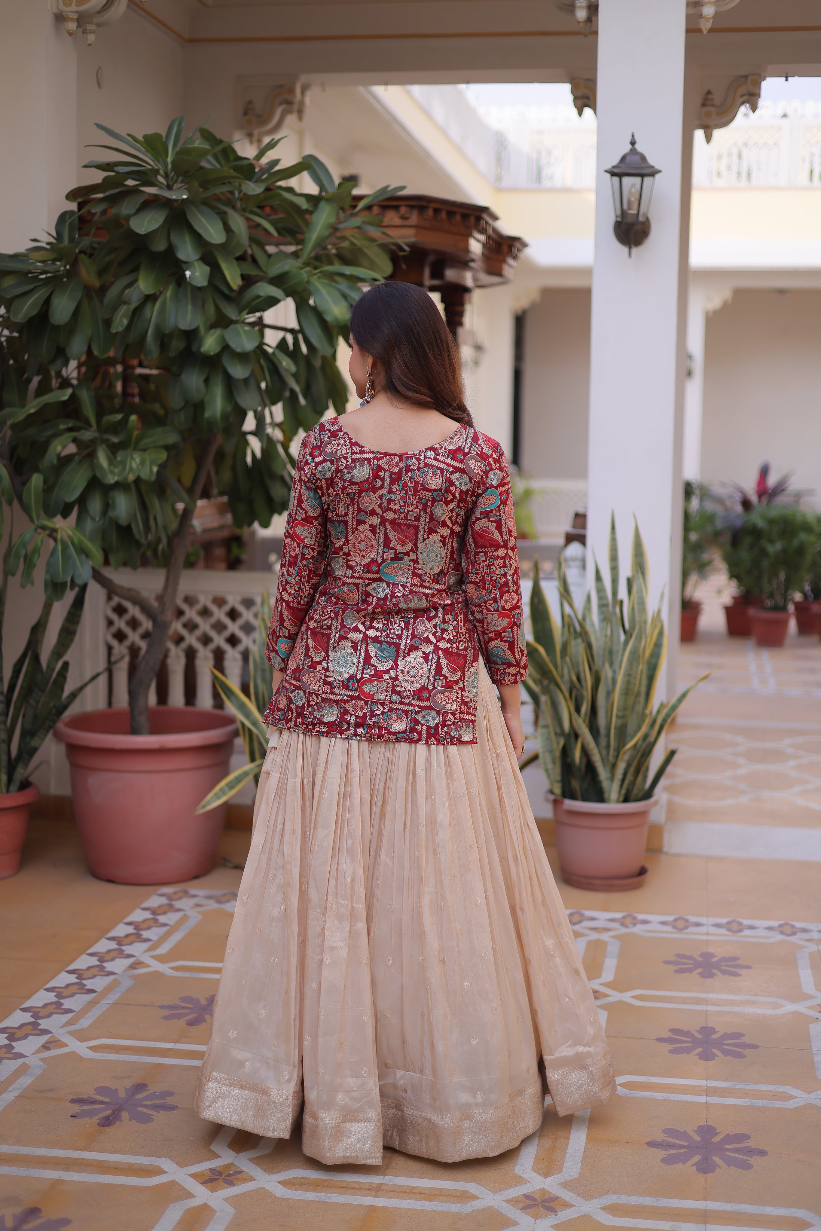 Nevara Maroon Color Cosmos Weaving
Jacquard Work Lehenga Choli