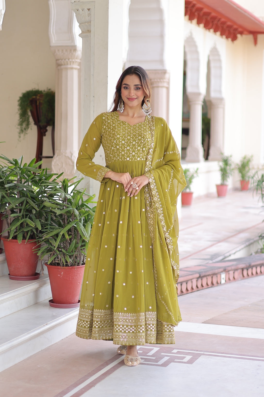 Aarini Green Color Faux Georgette Sequins Zari Embroidered Gown with Dupatta