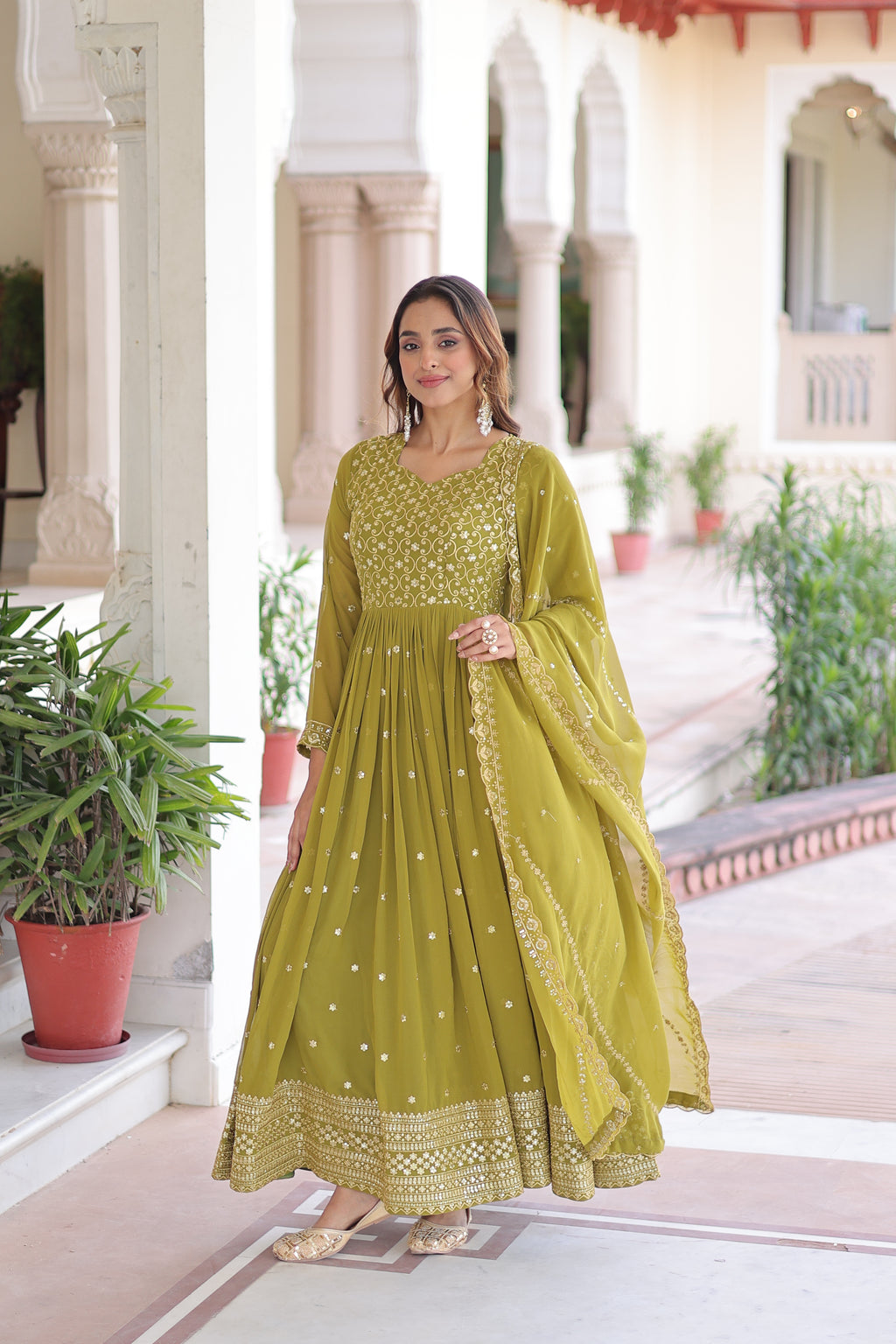 Aarini Green Color Faux Georgette Sequins Zari Embroidered Gown with Dupatta