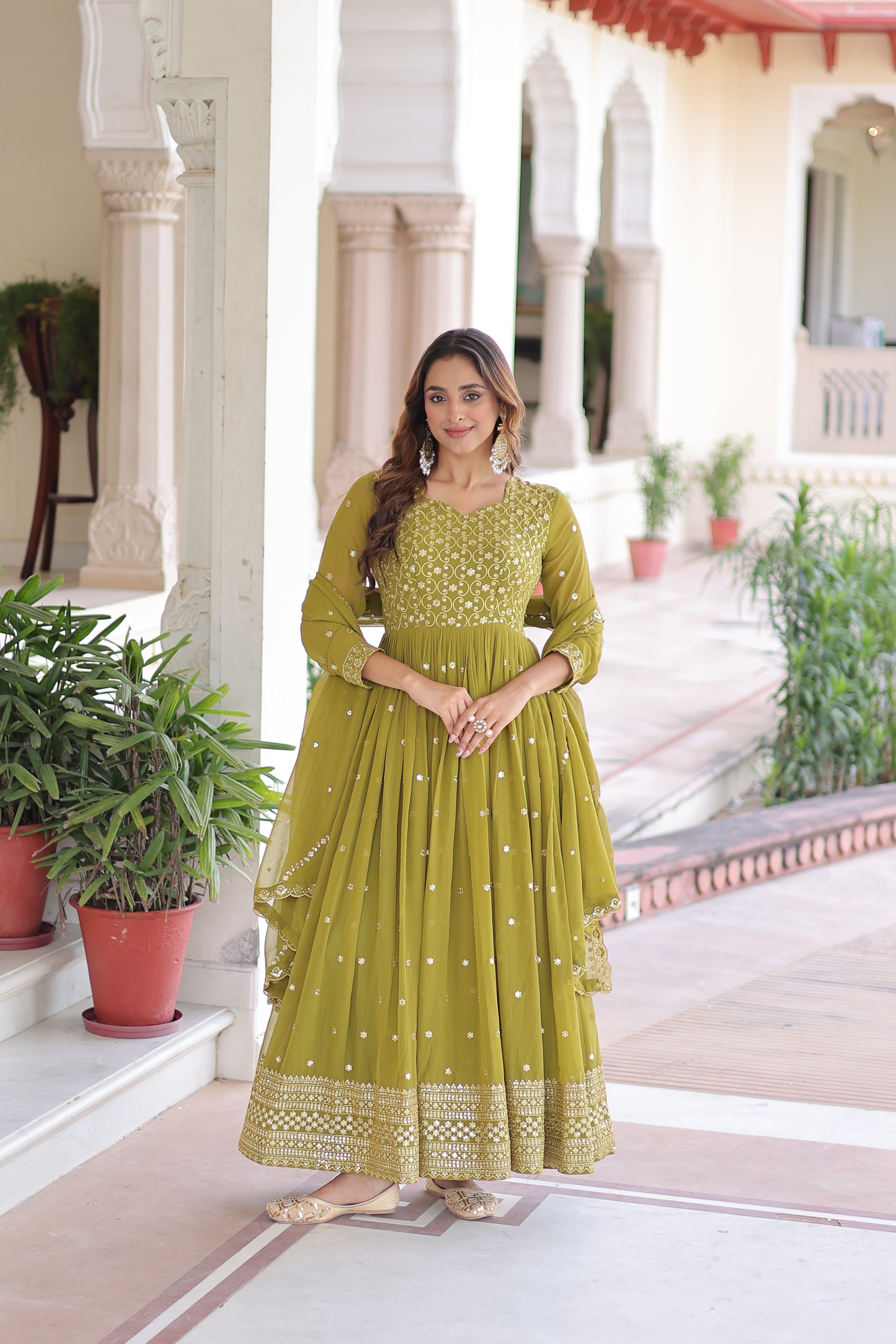 Aarini Green Color Faux Georgette Sequins Zari Embroidered Gown with Dupatta