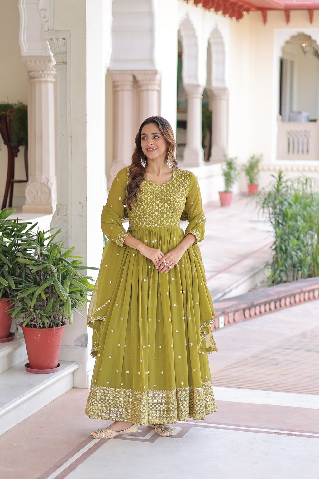 Aarini Green Color Faux Georgette Sequins Zari Embroidered Gown with Dupatta