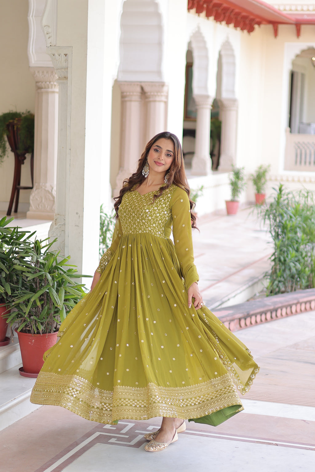Aarini Green Color Faux Georgette Sequins Zari Embroidered Gown with Dupatta