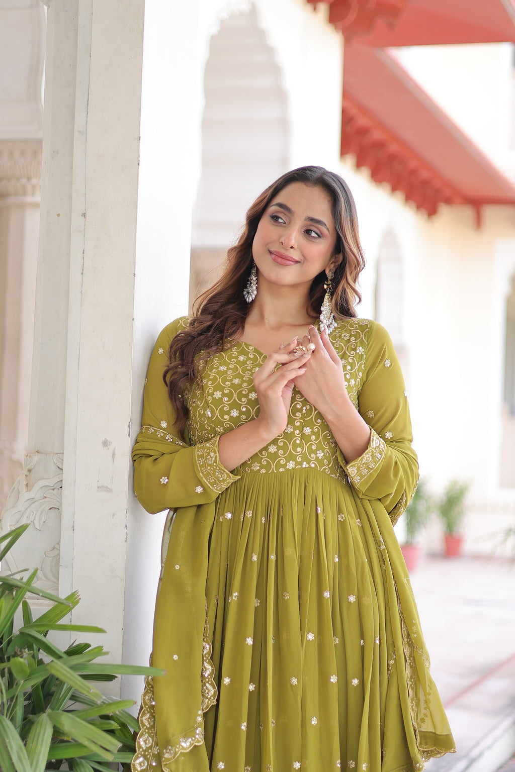 Aarini Green Color Faux Georgette Sequins Zari Embroidered Gown with Dupatta