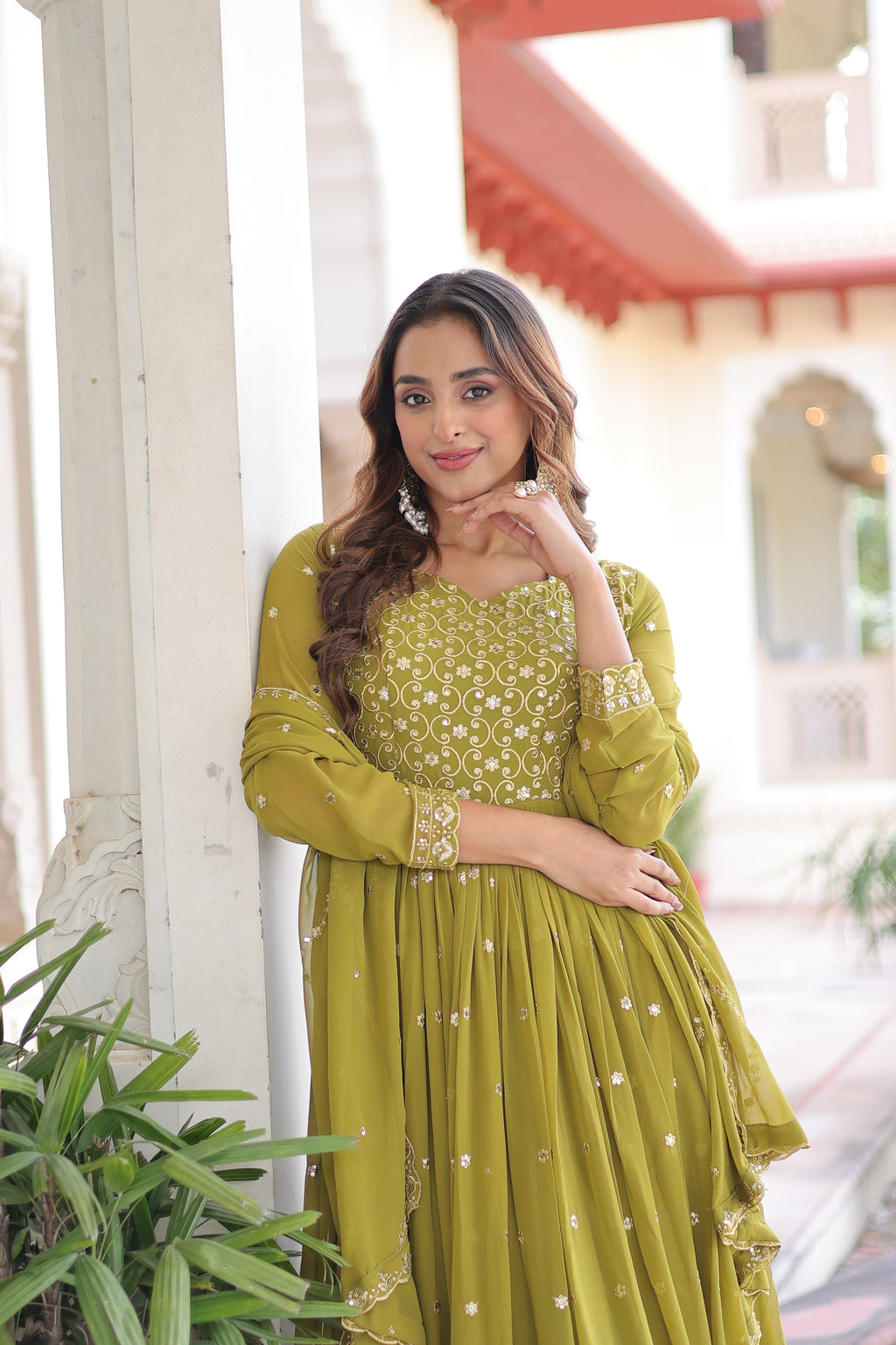 Aarini Green Color Faux Georgette Sequins Zari Embroidered Gown with Dupatta