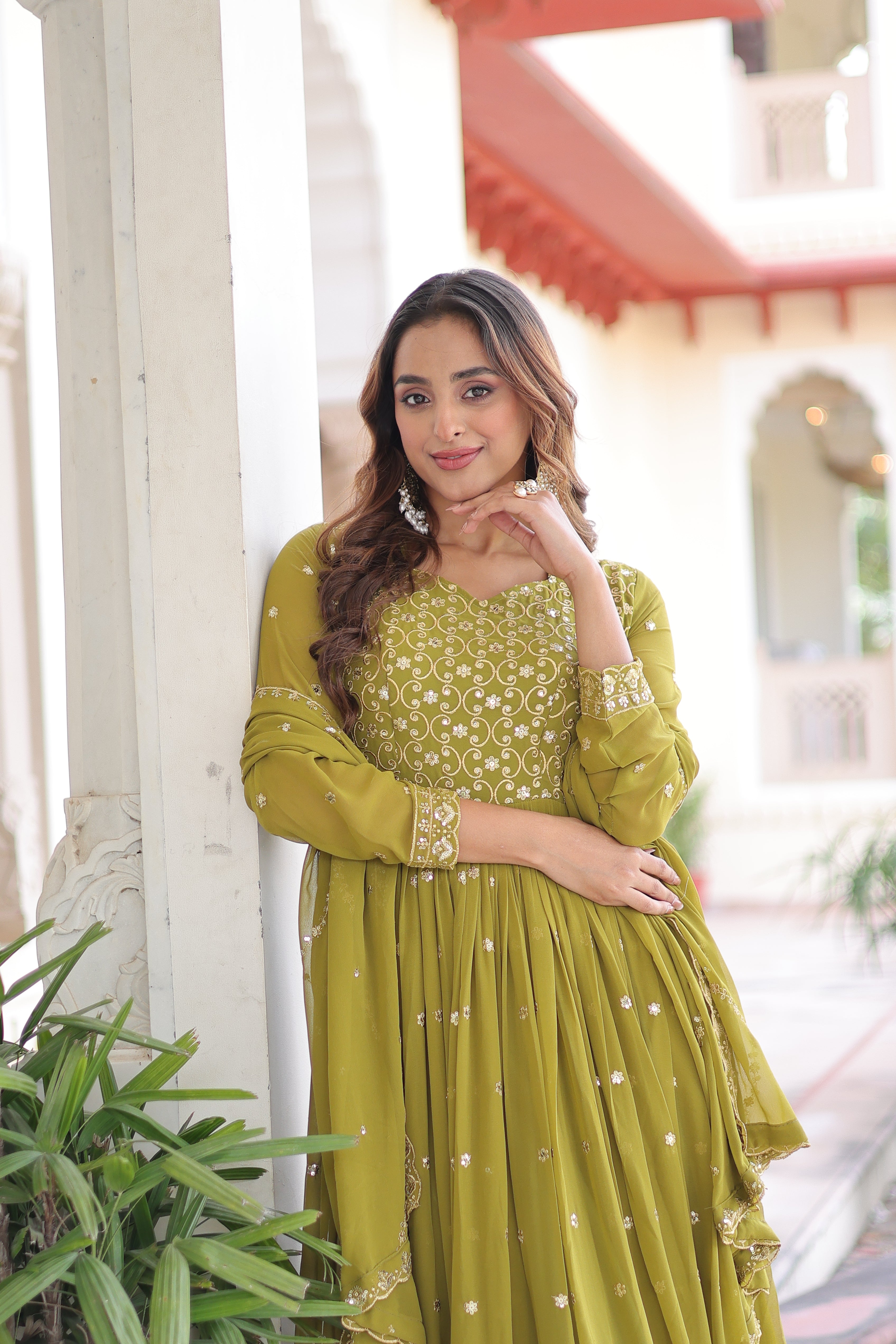 Aarini Green Color Faux Georgette Sequins Zari Embroidered Gown with Dupatta