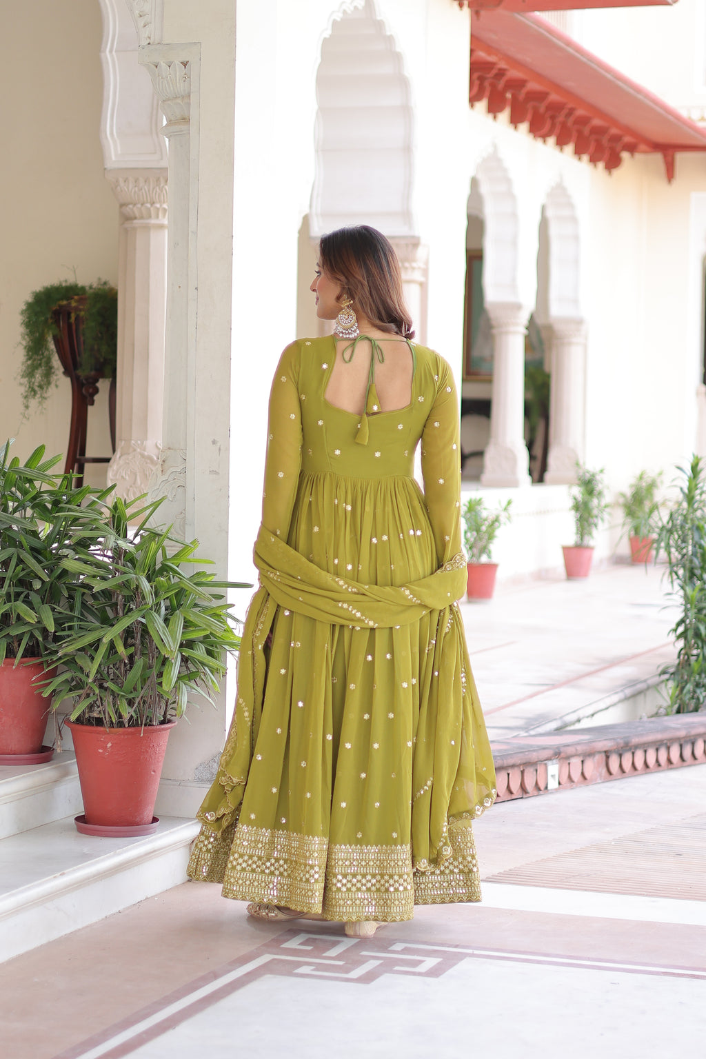 Aarini Green Color Faux Georgette Sequins Zari Embroidered Gown with Dupatta