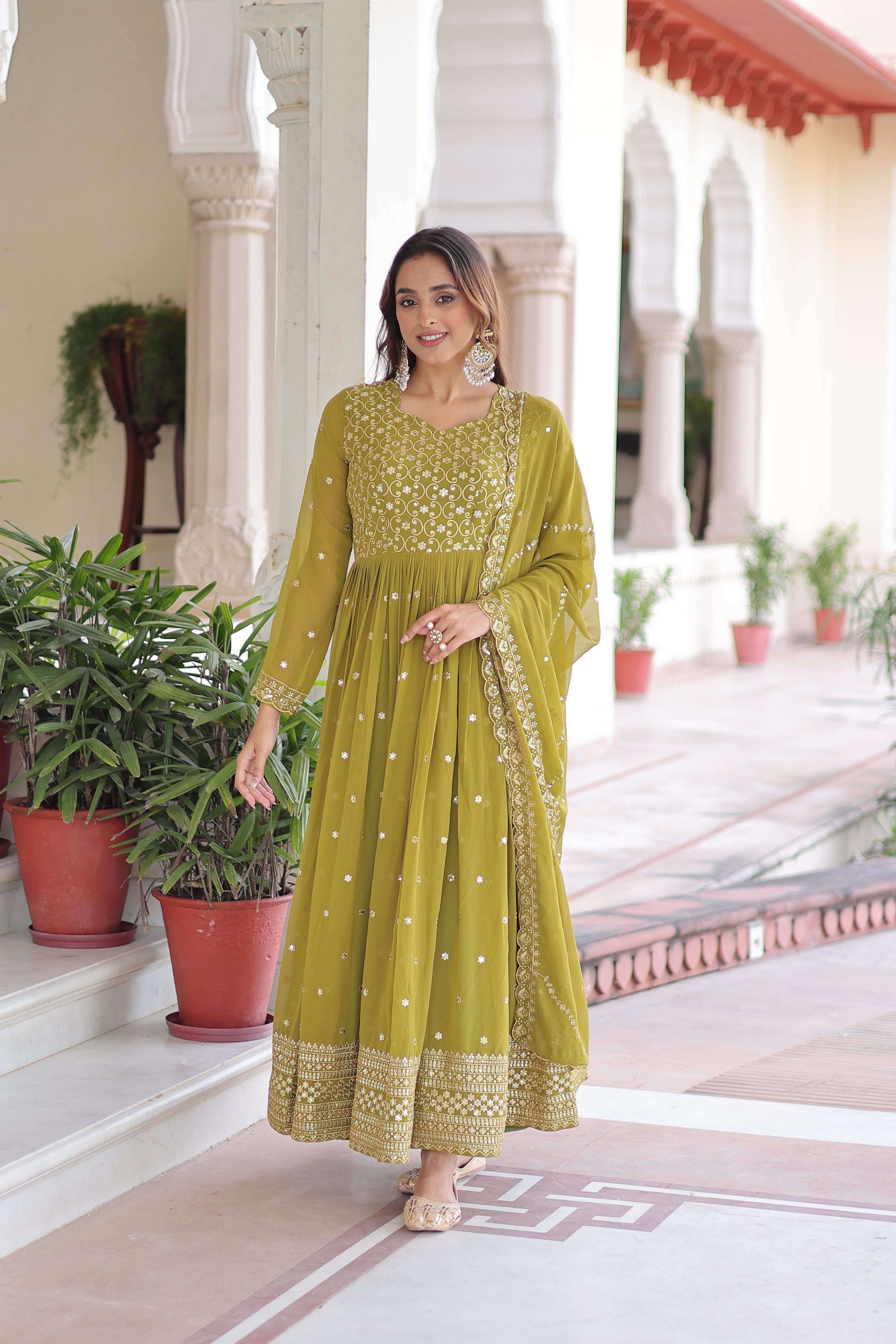 Aarini Green Color Faux Georgette Sequins Zari Embroidered Gown with Dupatta