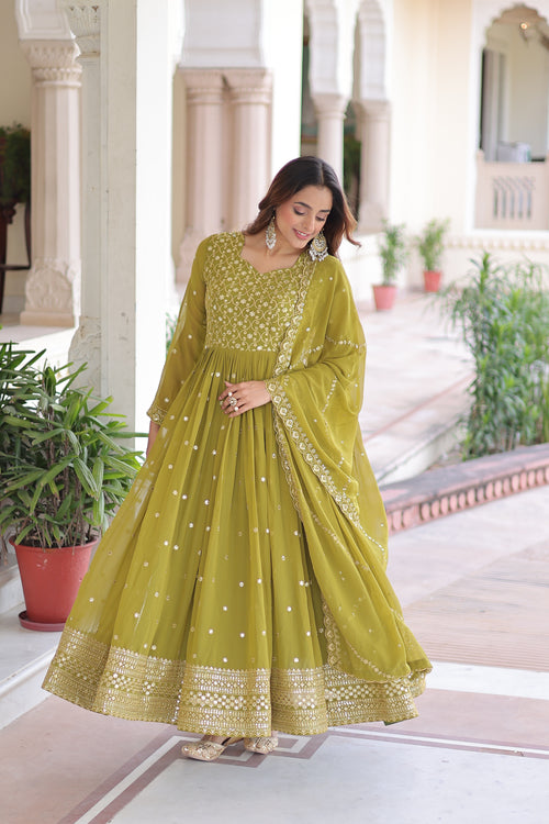 Aarini Green Color Faux Georgette Sequins Zari Embroidered Gown with Dupatta