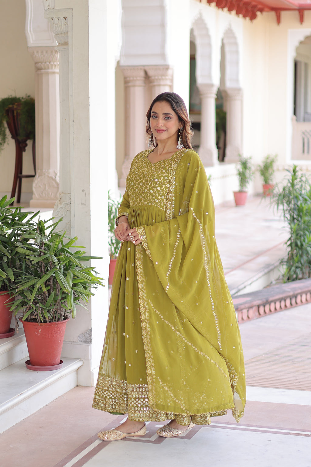 Aarini Green Color Faux Georgette Sequins Zari Embroidered Gown with Dupatta