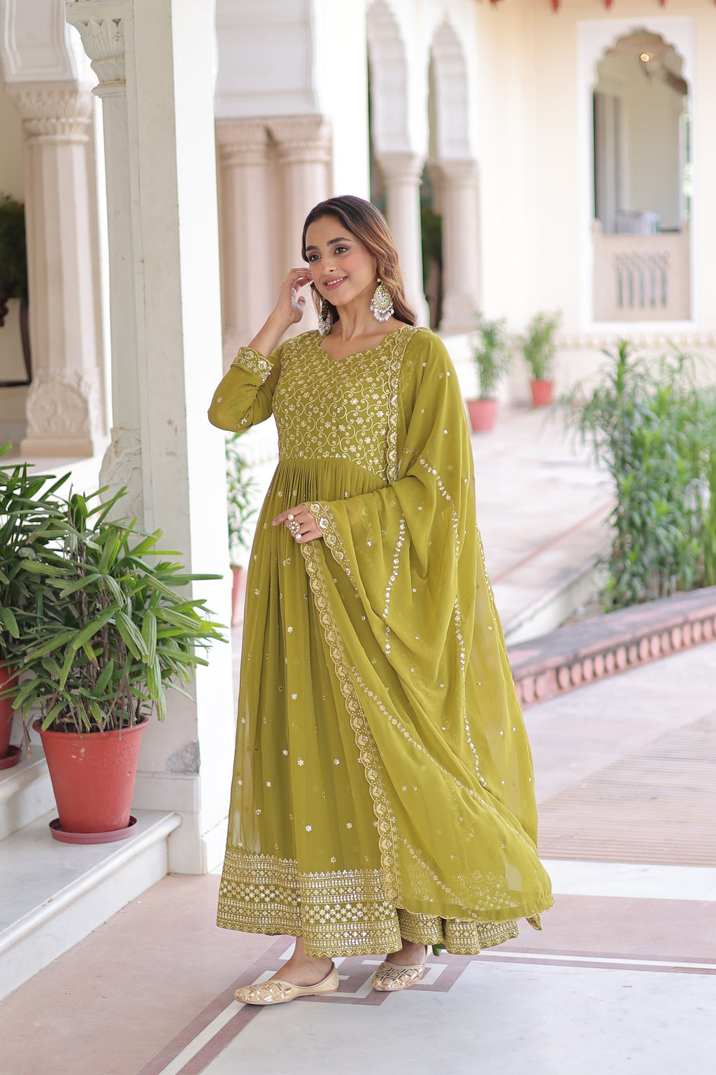 Aarini Green Color Faux Georgette Sequins Zari Embroidered Gown with Dupatta
