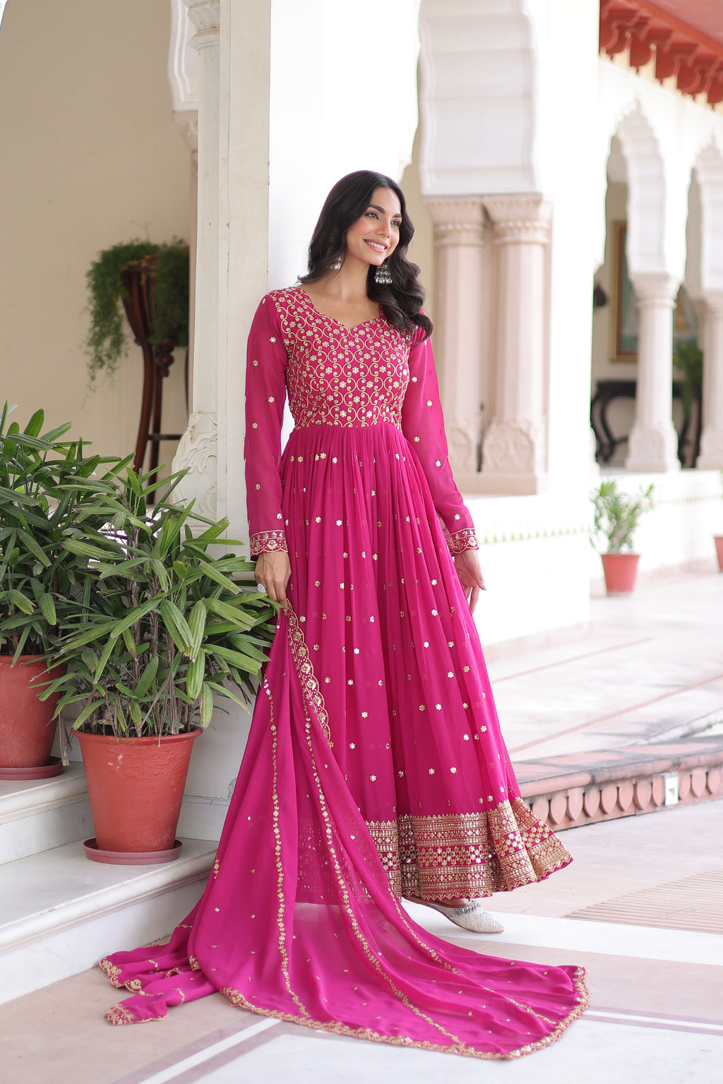 Aarini Pink Color Faux Georgette Sequins Zari Embroidered Gown with Dupatta