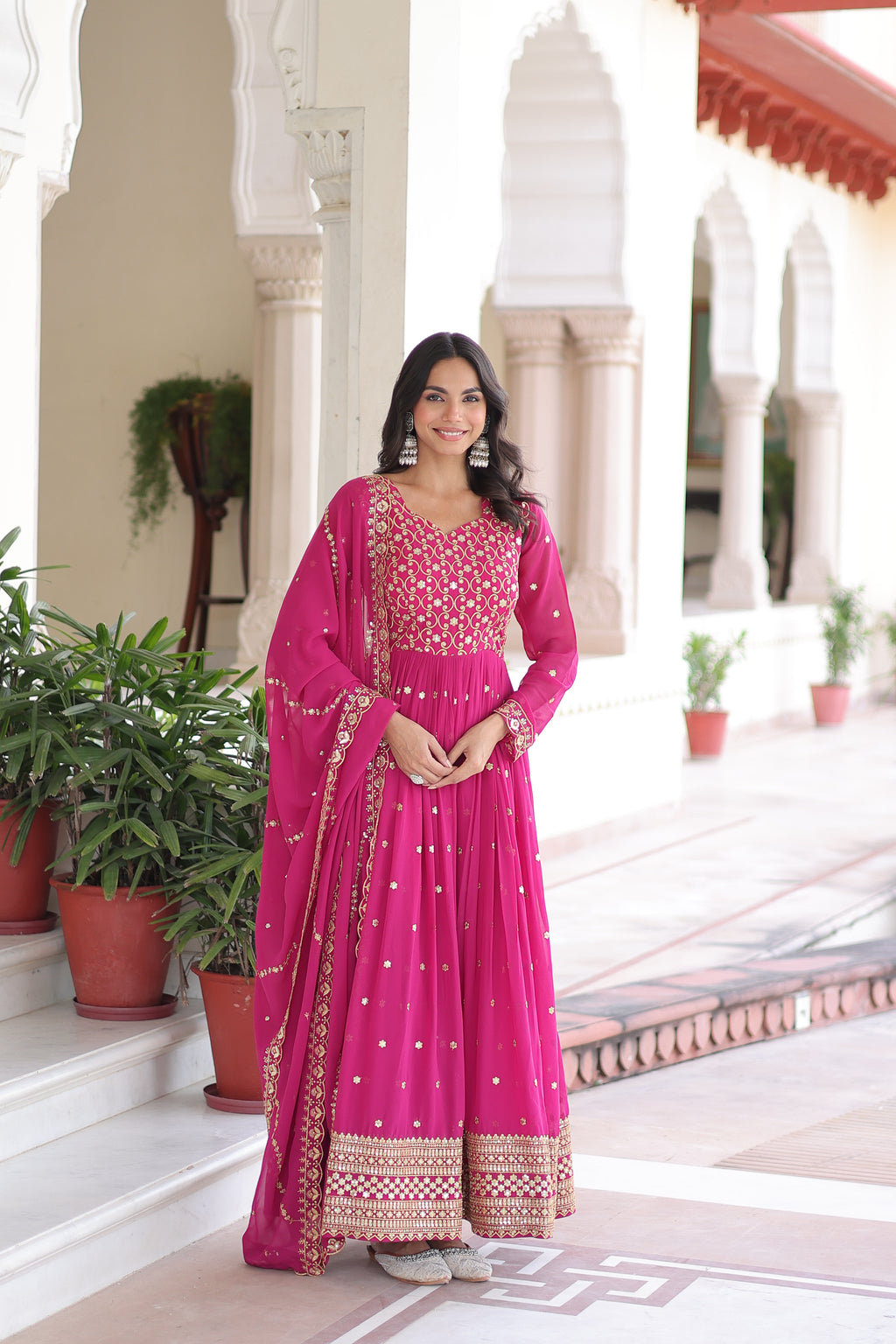 Aarini Pink Color Faux Georgette Sequins Zari Embroidered Gown with Dupatta