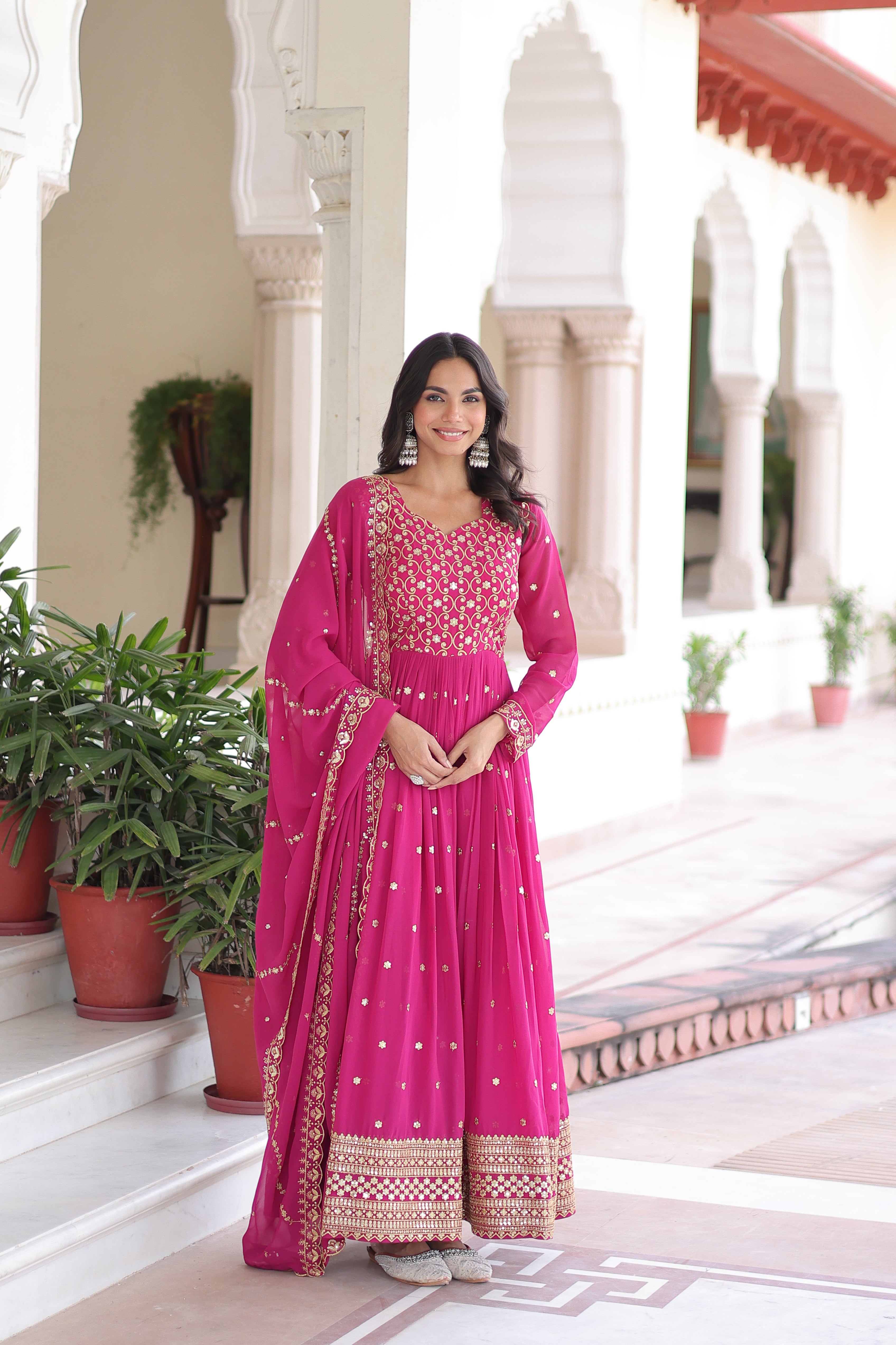 Aarini Pink Color Faux Georgette Sequins Zari Embroidered Gown with Dupatta