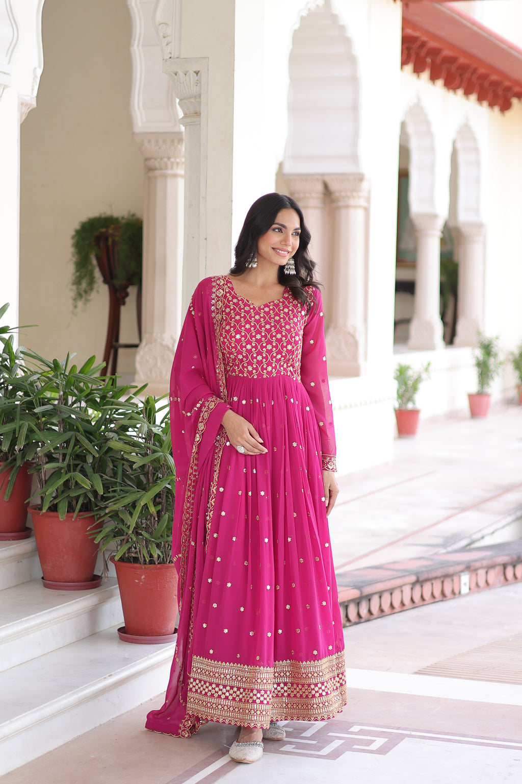 Aarini Pink Color Faux Georgette Sequins Zari Embroidered Gown with Dupatta