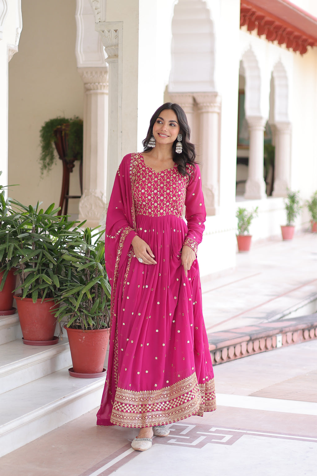 Aarini Pink Color Faux Georgette Sequins Zari Embroidered Gown with Dupatta