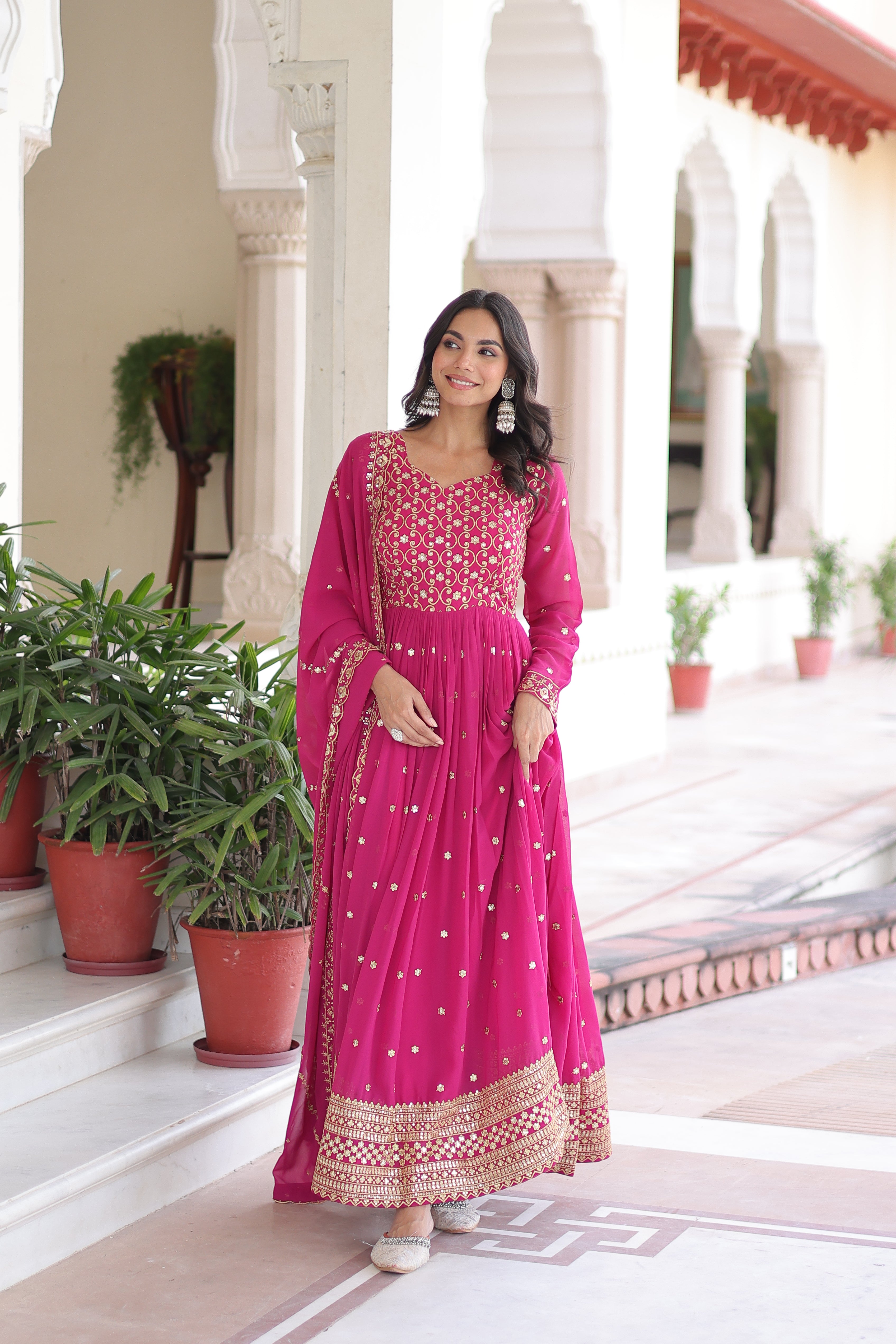 Aarini Pink Color Faux Georgette Sequins Zari Embroidered Gown with Dupatta