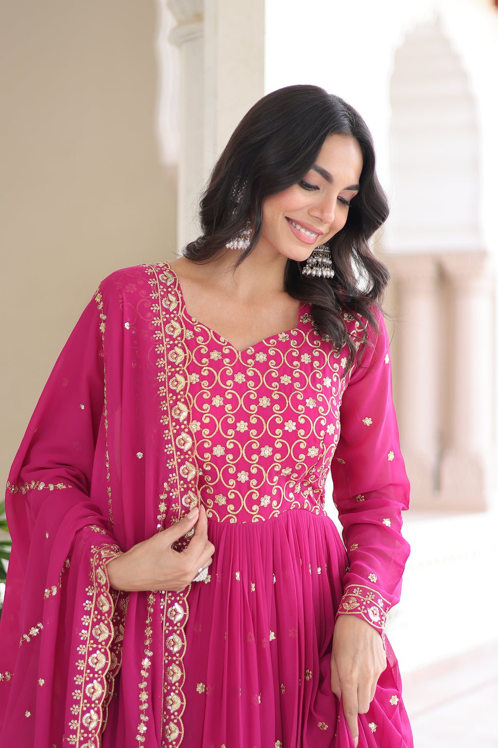 Aarini Pink Color Faux Georgette Sequins Zari Embroidered Gown with Dupatta