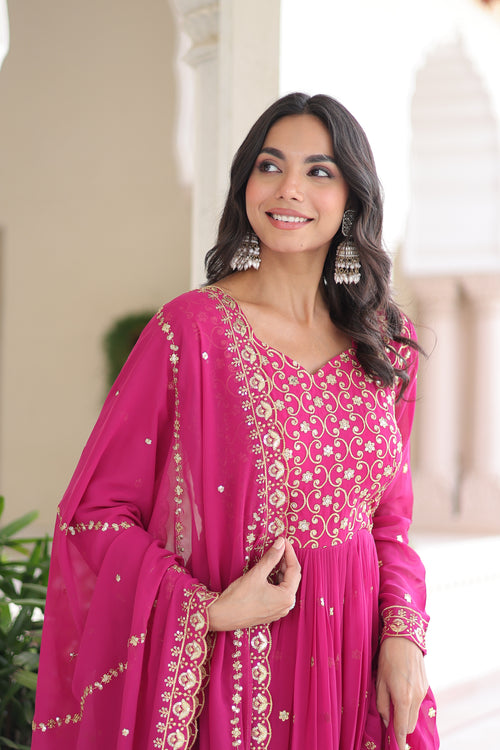 Aarini Pink Color Faux Georgette Sequins Zari Embroidered Gown with Dupatta